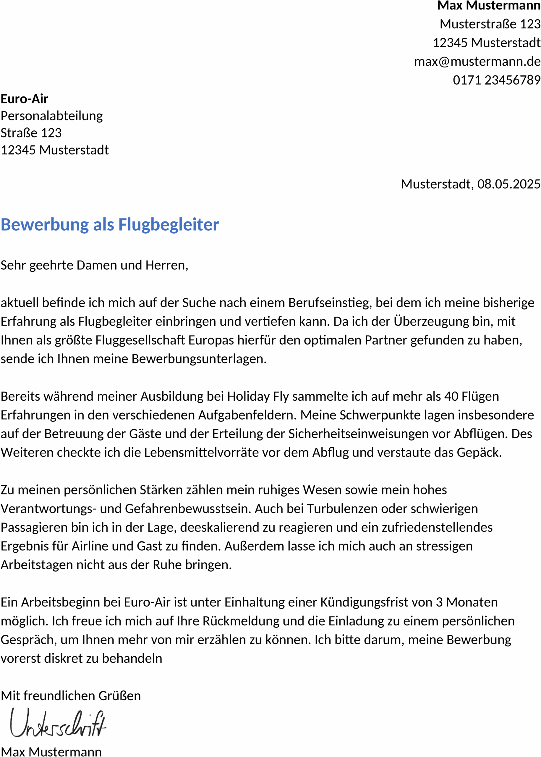 Word Vorlage Bewerbung Flugbegleiter Berufseinstieg