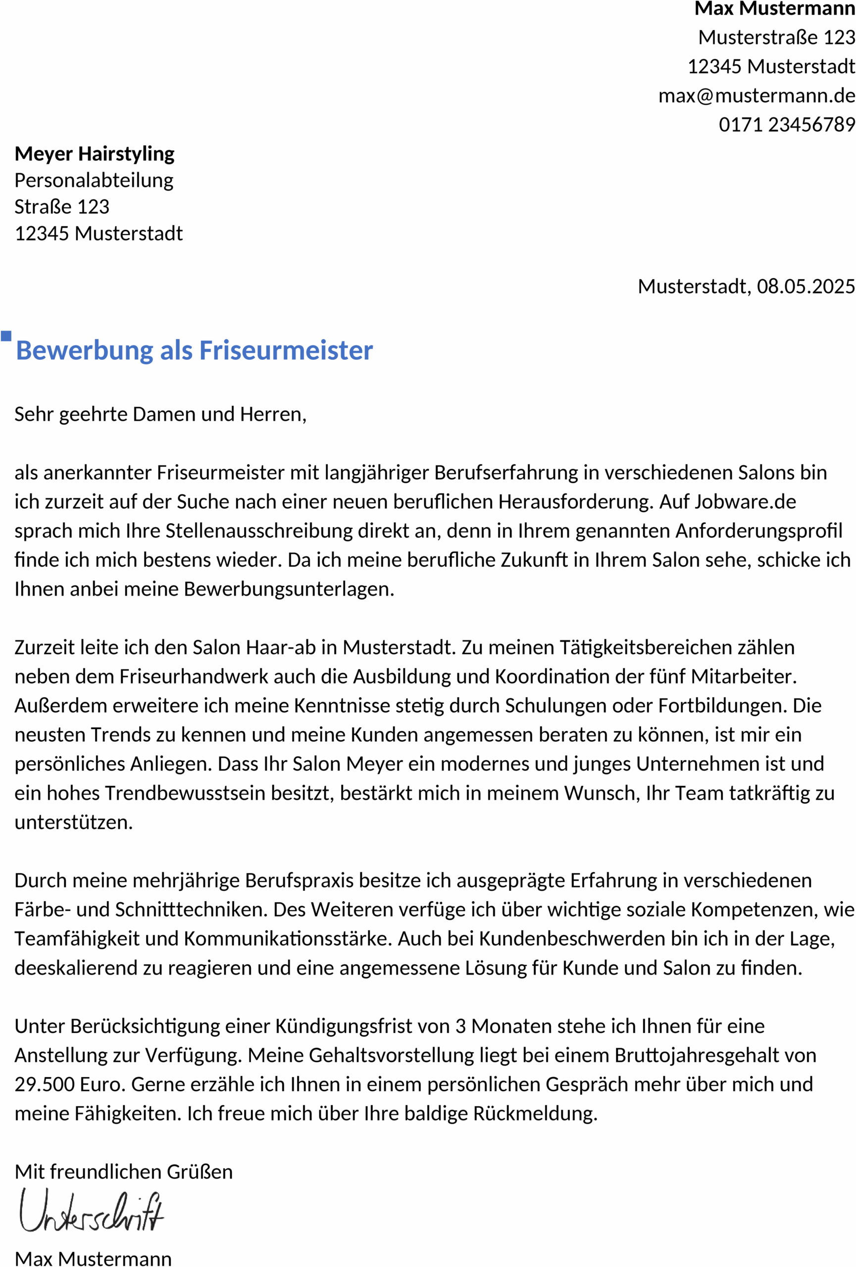 Word-Vorlage Bewerbung Friseurmeister Erfahren