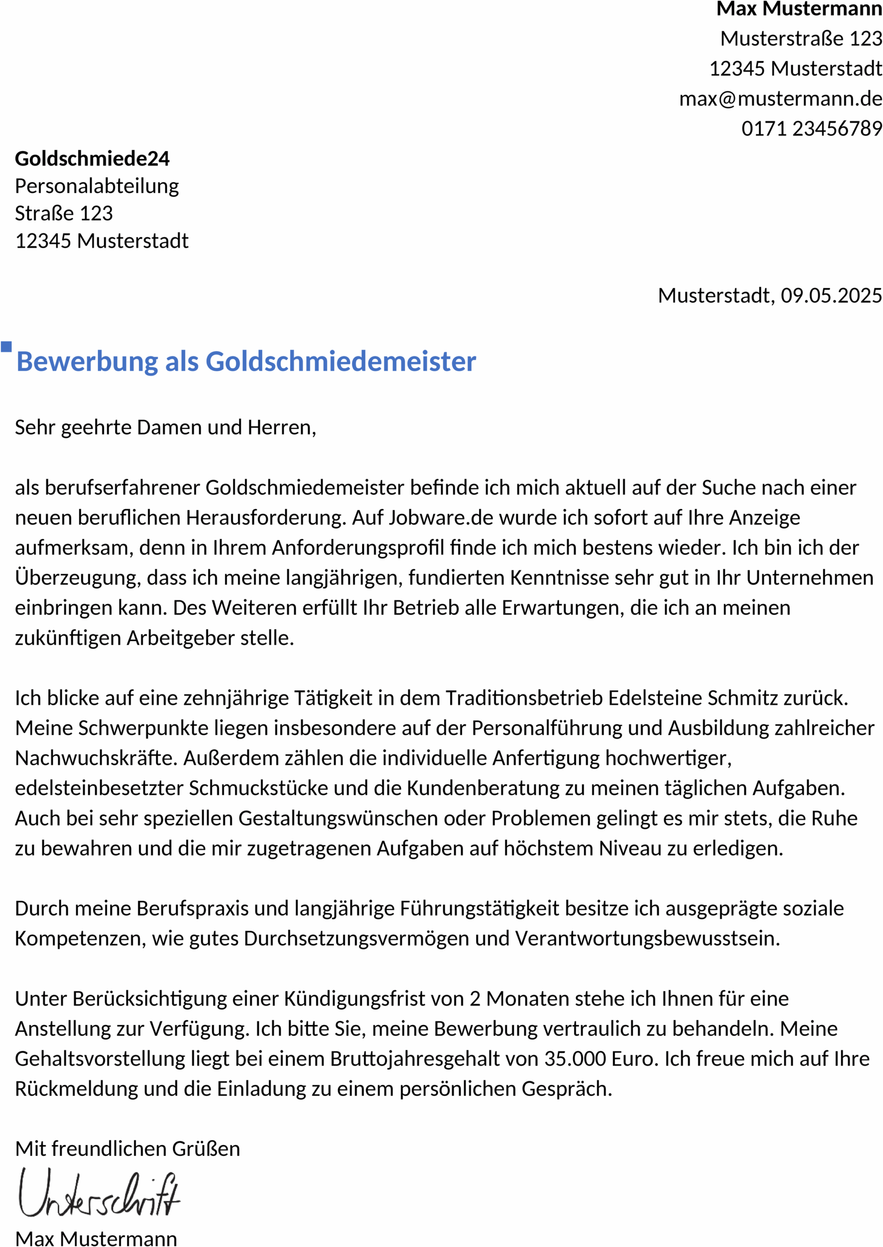 Word-Vorlage Bewerbung GoldschmiedIn Berufserfahren