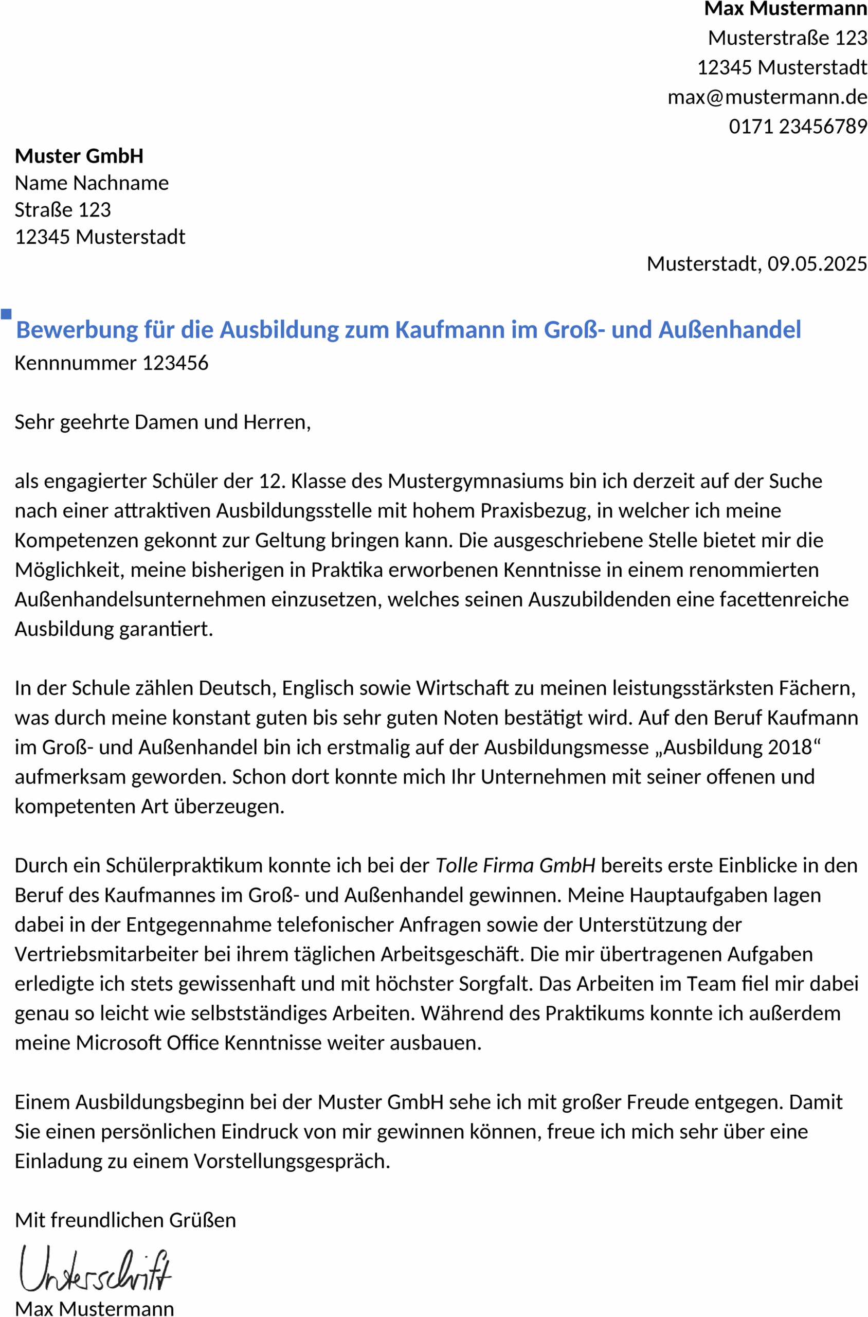 Word-Vorlage für Ausbildungsbewerbung im Großaußenhandel