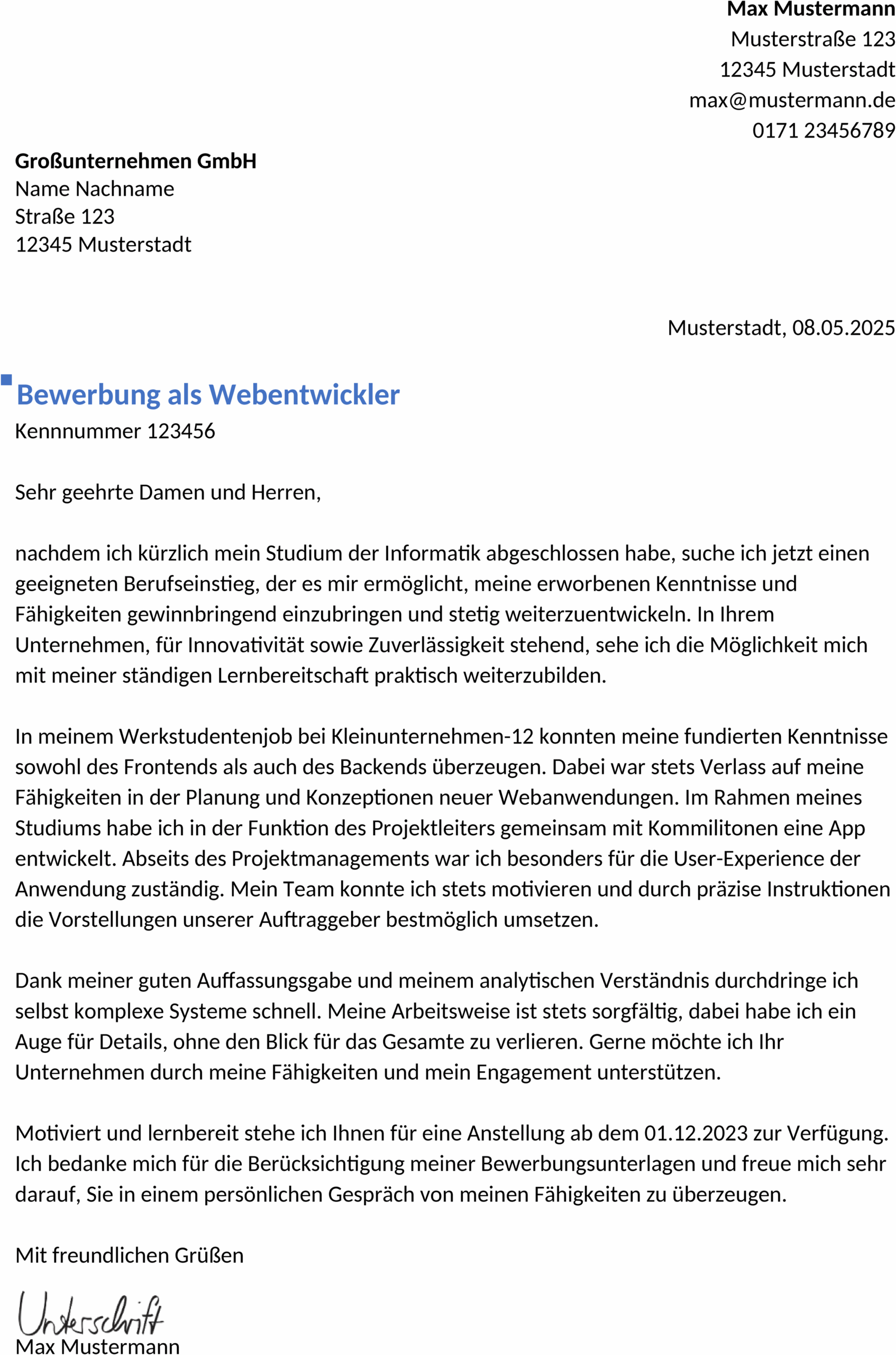 Word-Vorlage Bewerbung für Junior Web Developer
