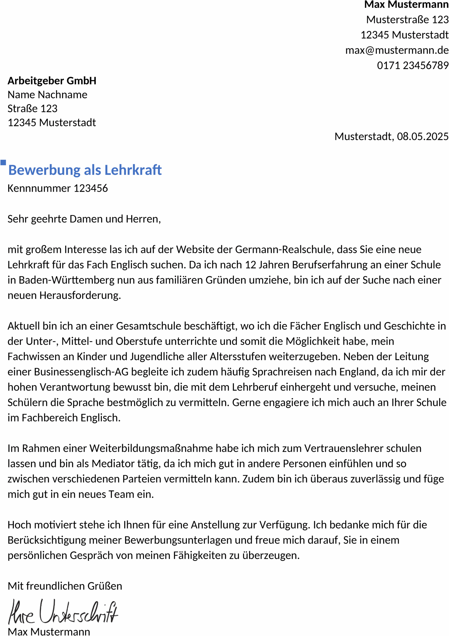 Word-Vorlage Bewerbung Lehrer Berufserfahren