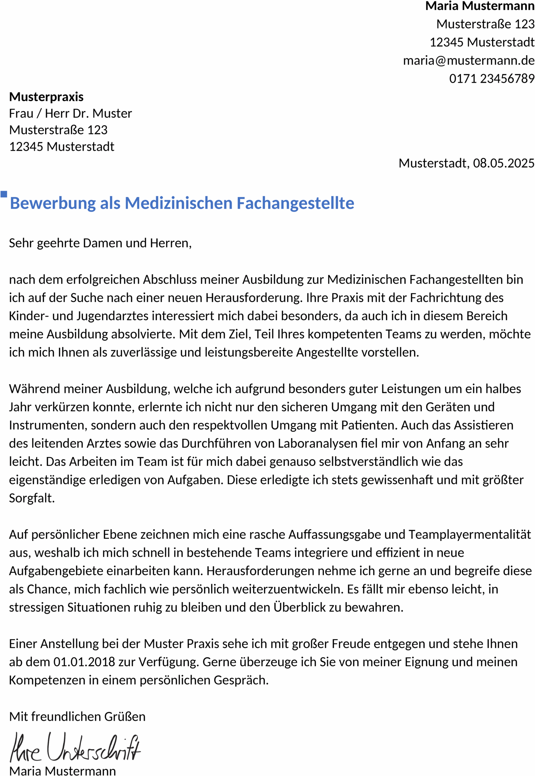 Word-Vorlage Bewerbung Medizinische Fachangestellte Berufseinstieg