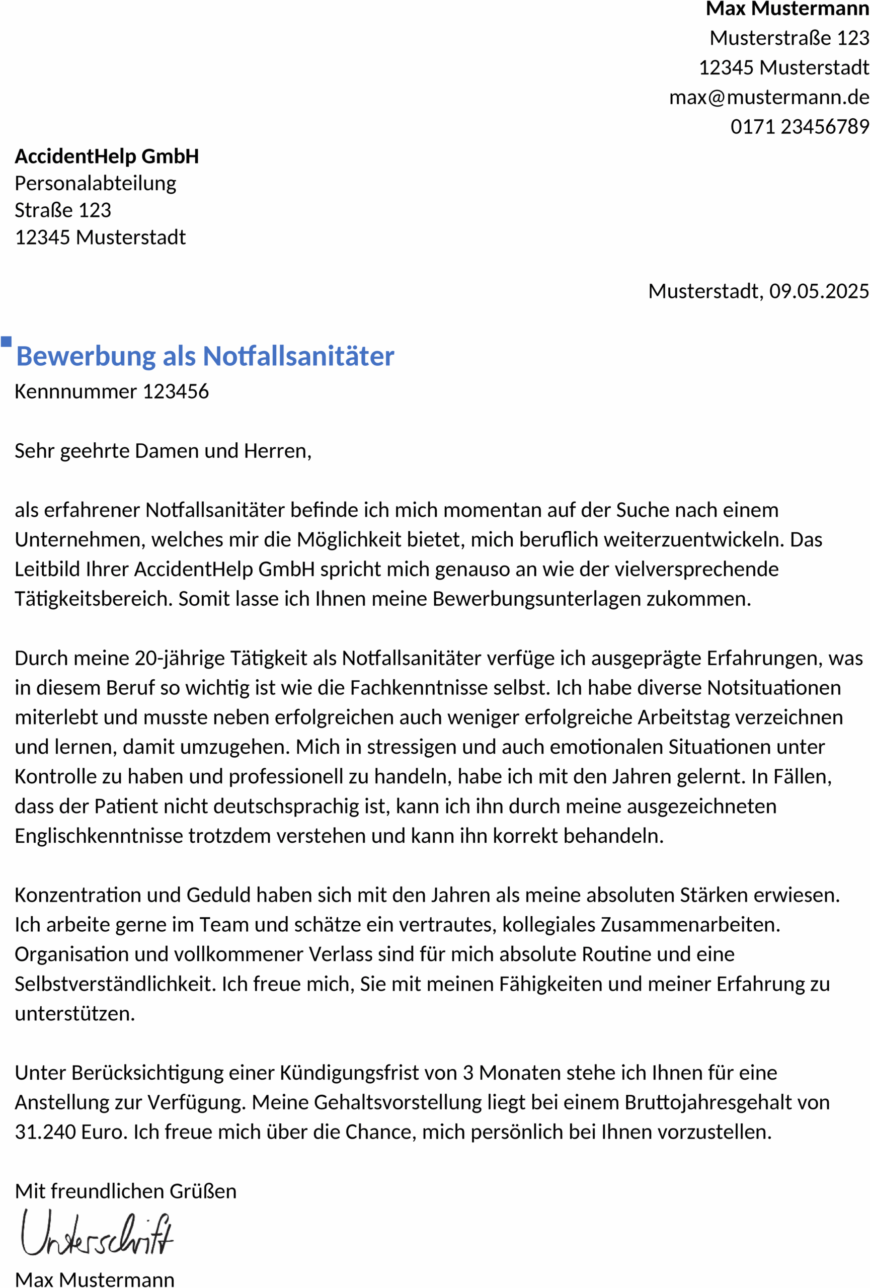 Word-Vorlage Bewerbung Notfallsanitäter Berufserfahren