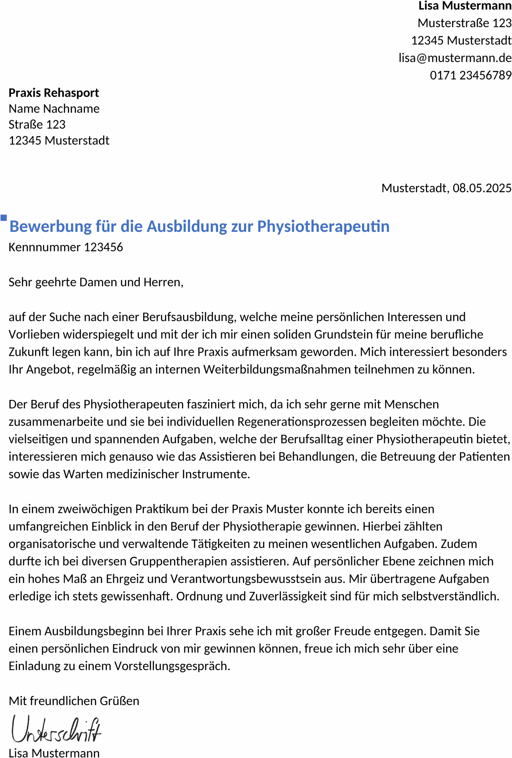 Word-Vorlage Bewerbung Physiotherapeut Ausbildung