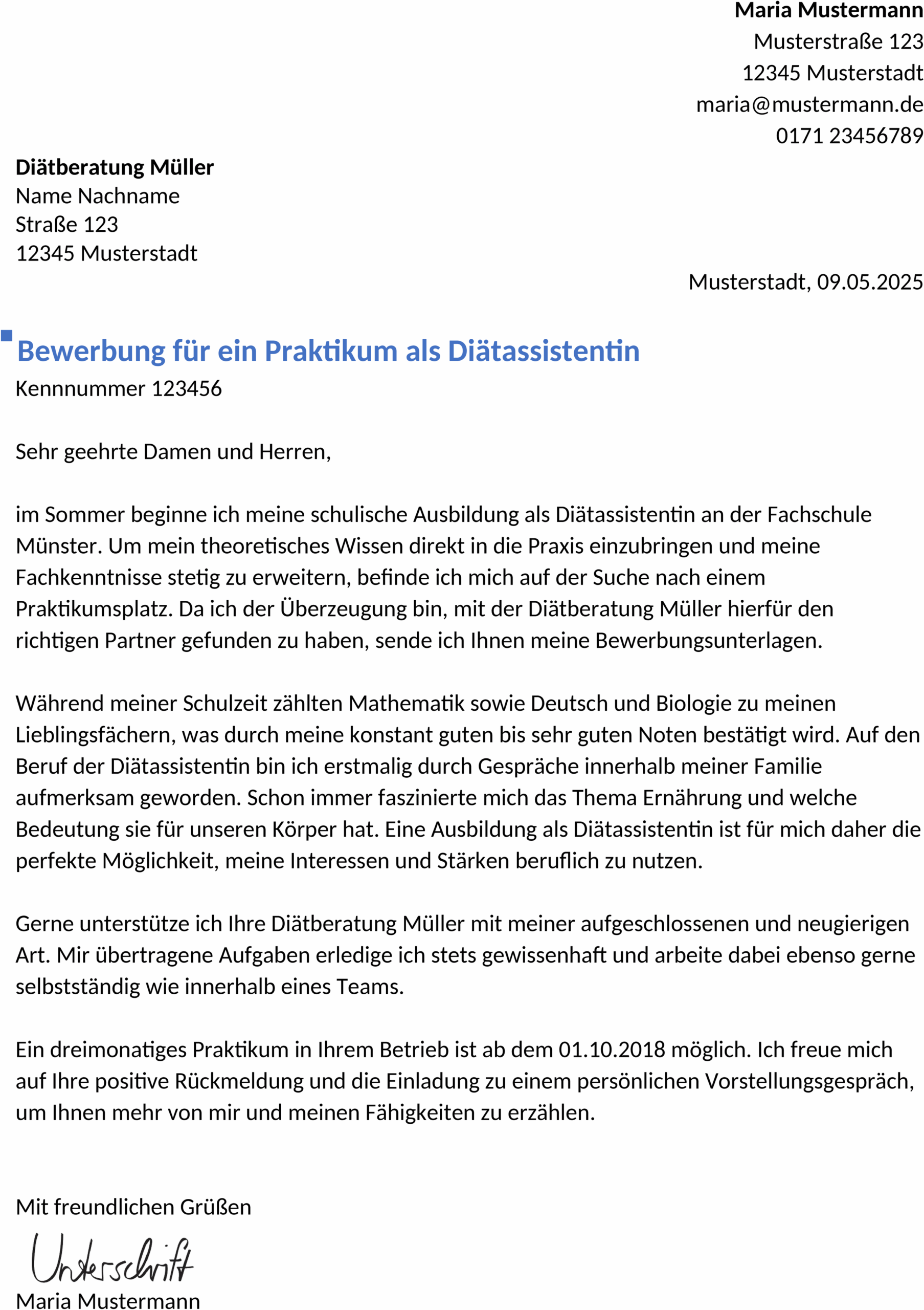 Word-Vorlage: Bewerbung Praktikum als Diätassistent