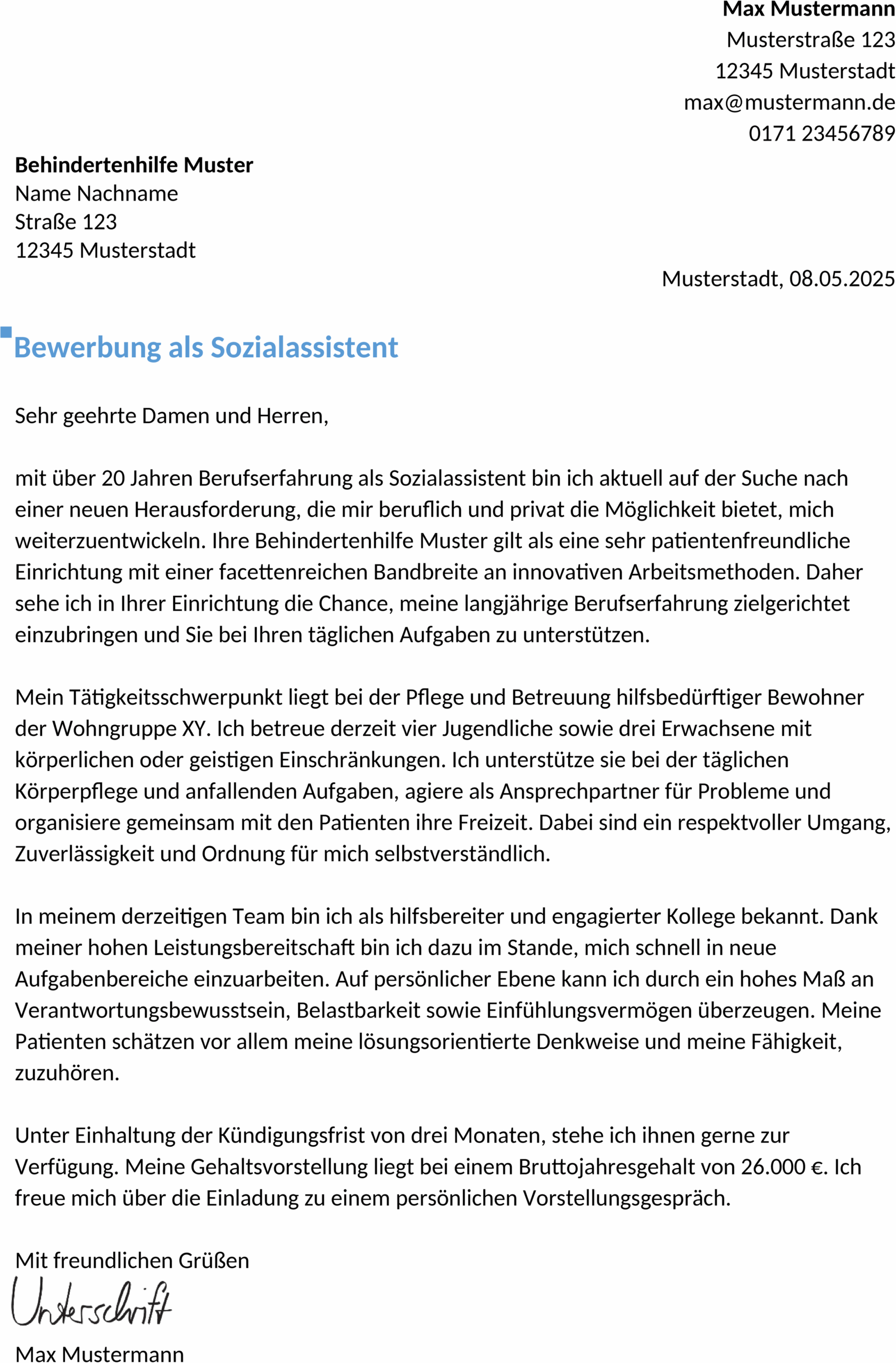 Word-Vorlage Bewerbung SozialassistentIn Berufserfahren