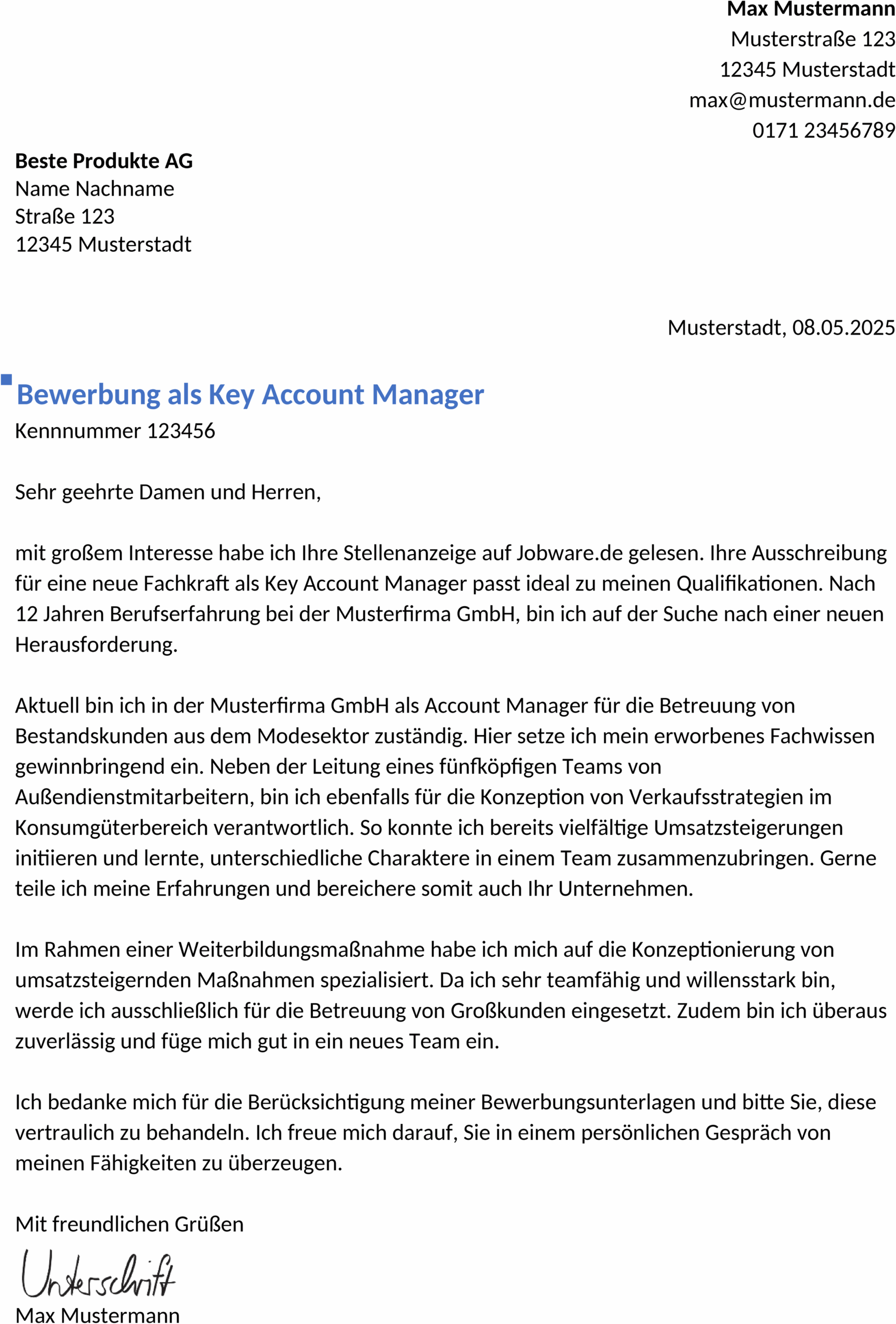 Word Vorlage Bewerbung Vertrieb Berufserfahren