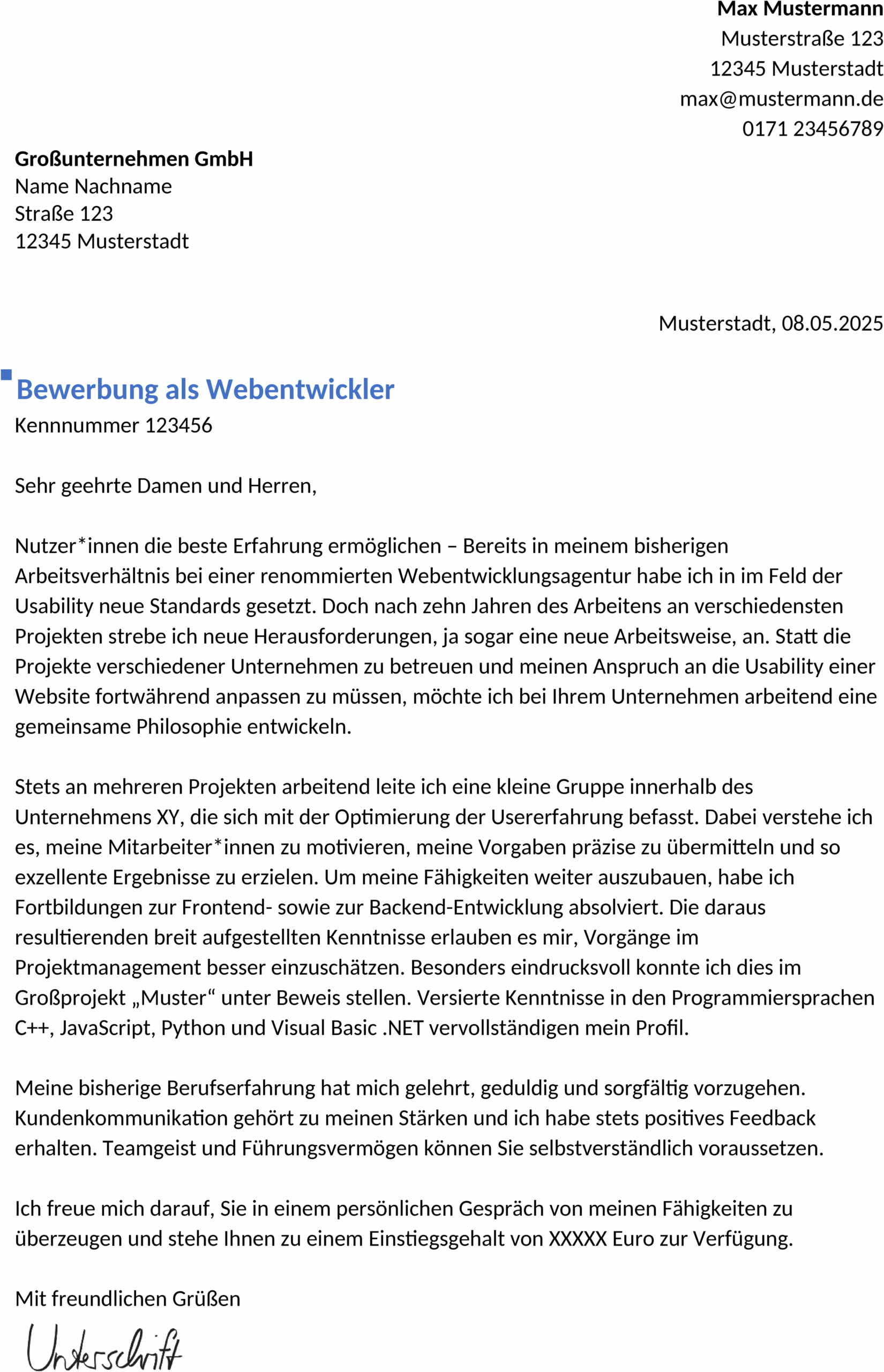 Word-Vorlage Bewerbung Webentwickler Erfahren