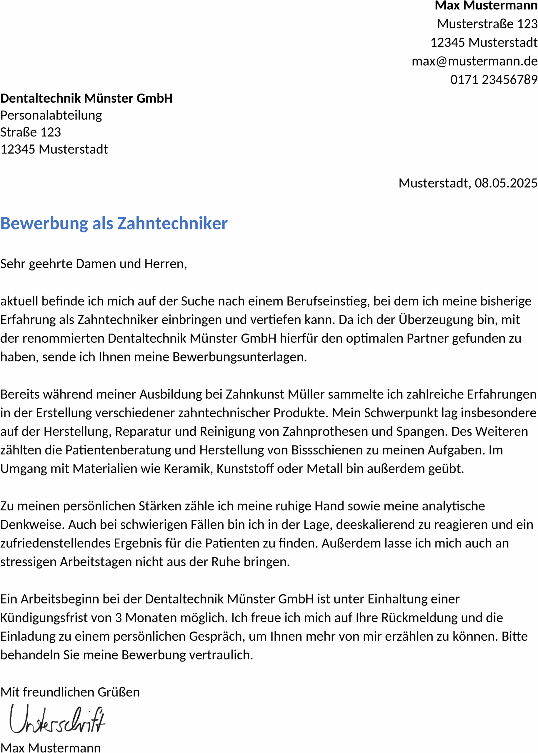 Word-Vorlage Bewerbung ZahntechnikerIn Berufseinstieg