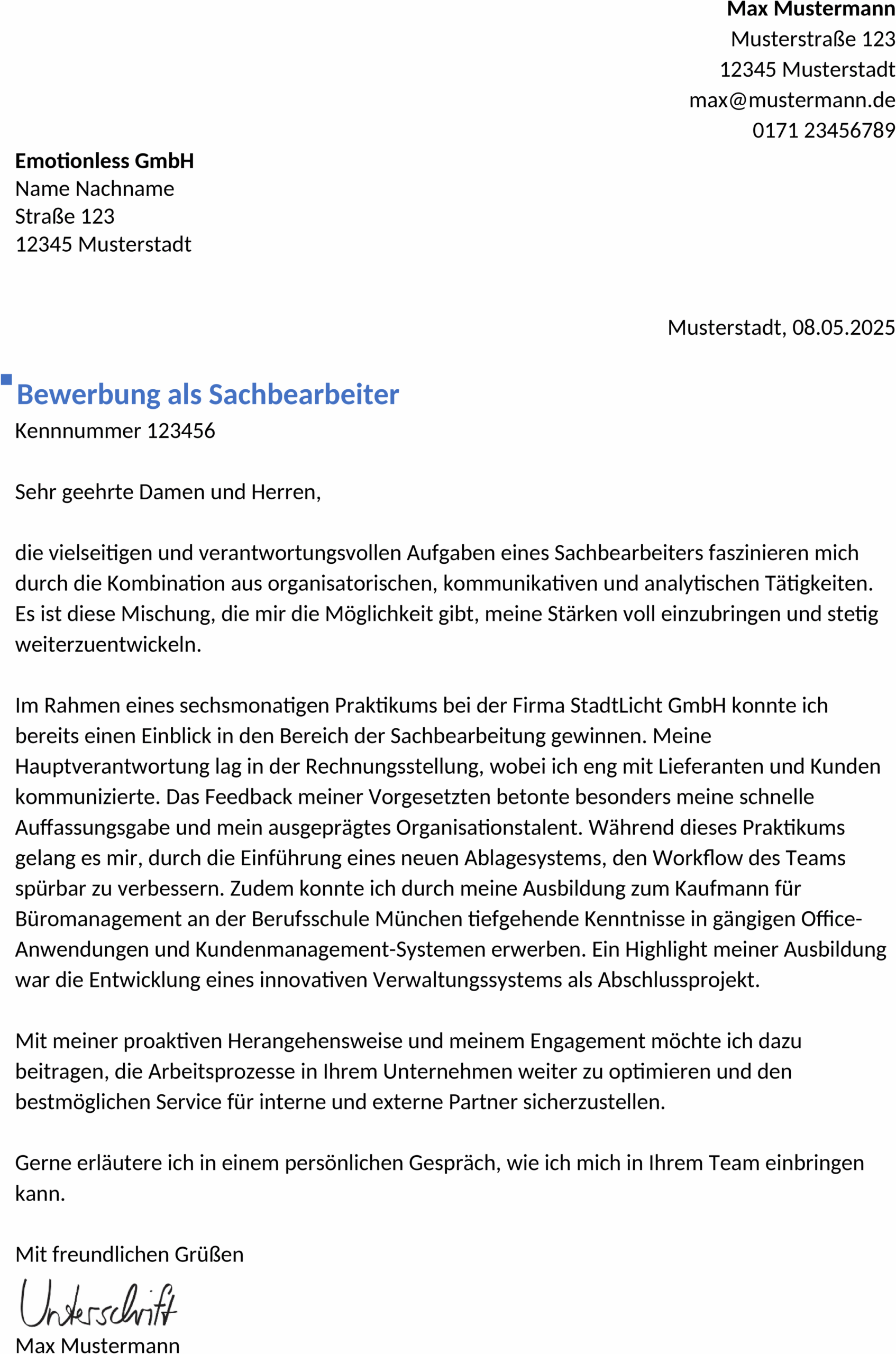 Word-Vorlage für Bewerbungsunterlagen im Bereich Sachbearbeitung