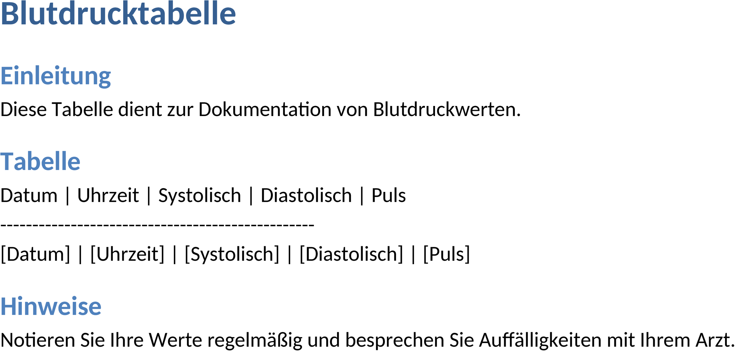 Word-Vorlage Blutdrucktabelle