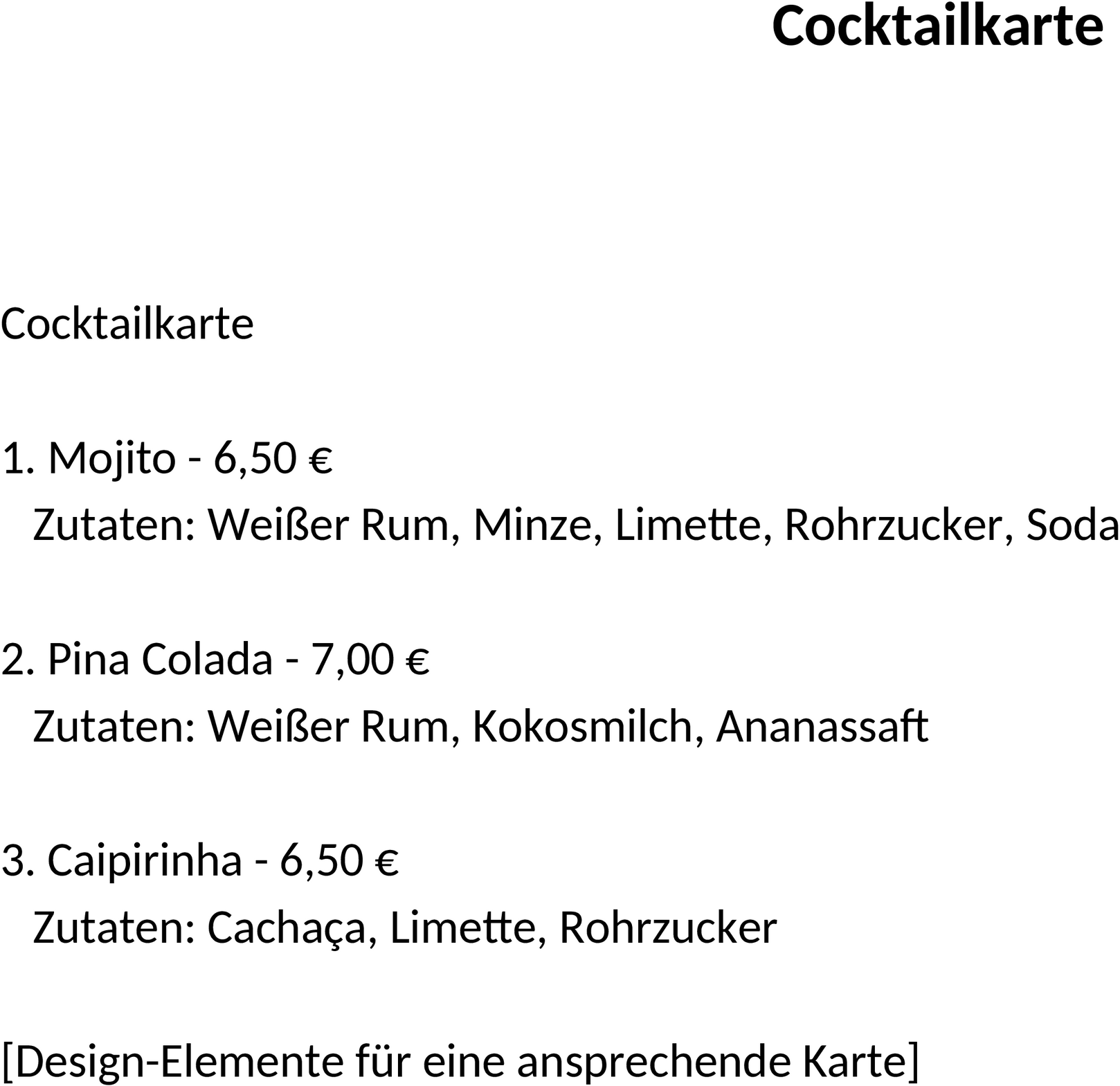 Word-Vorlage Cocktailkarte