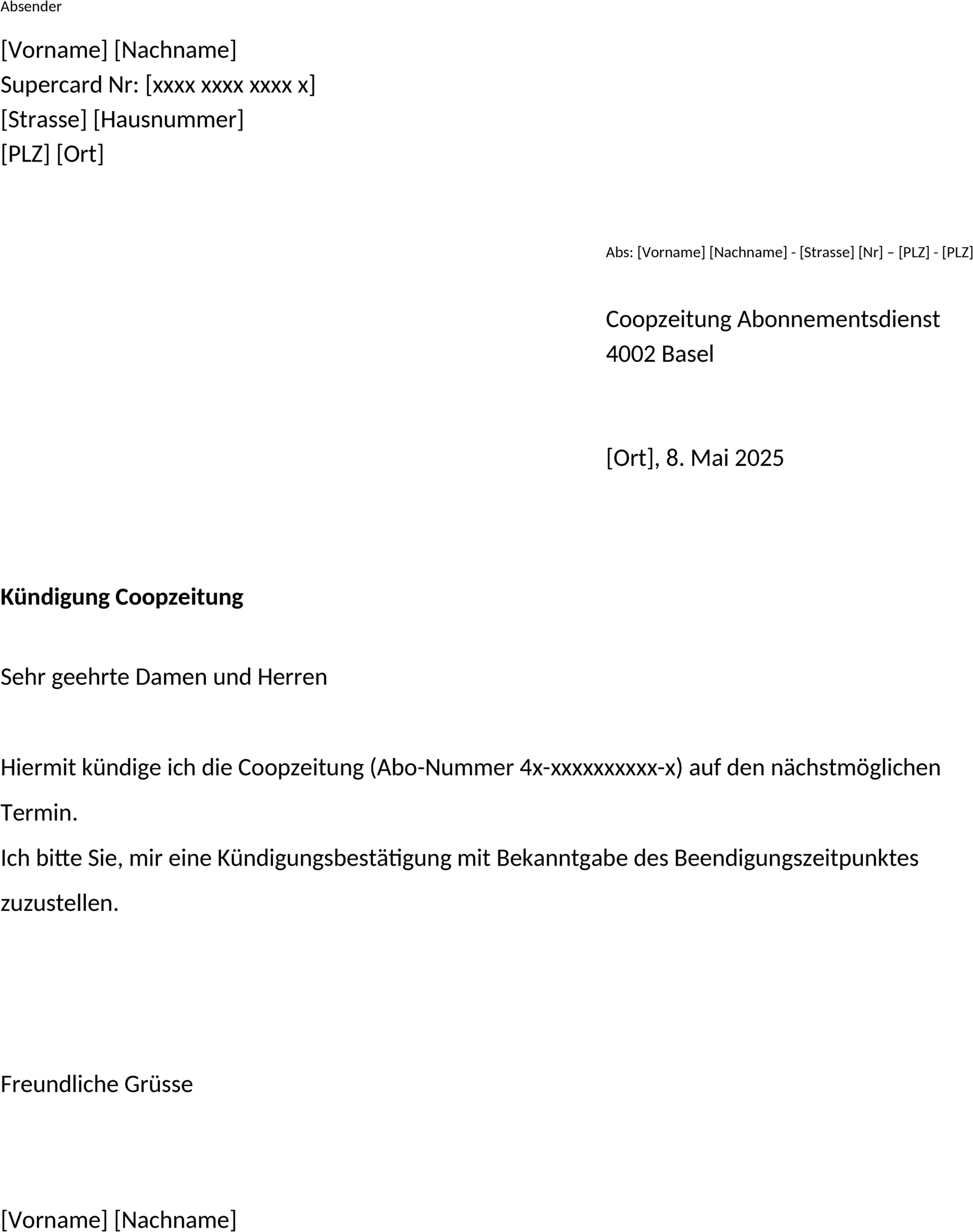 Word-Vorlage Coopzeitung Abbestellen