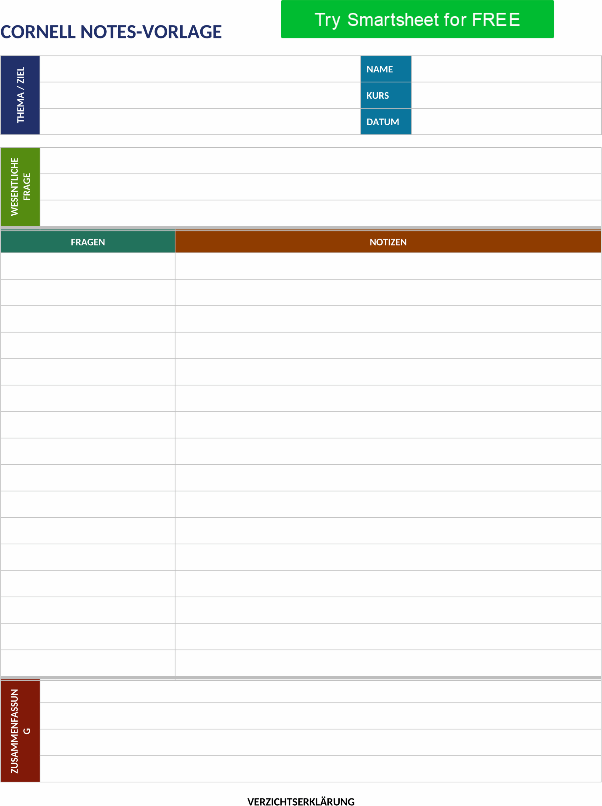 Word-Vorlage für Cornell Notes