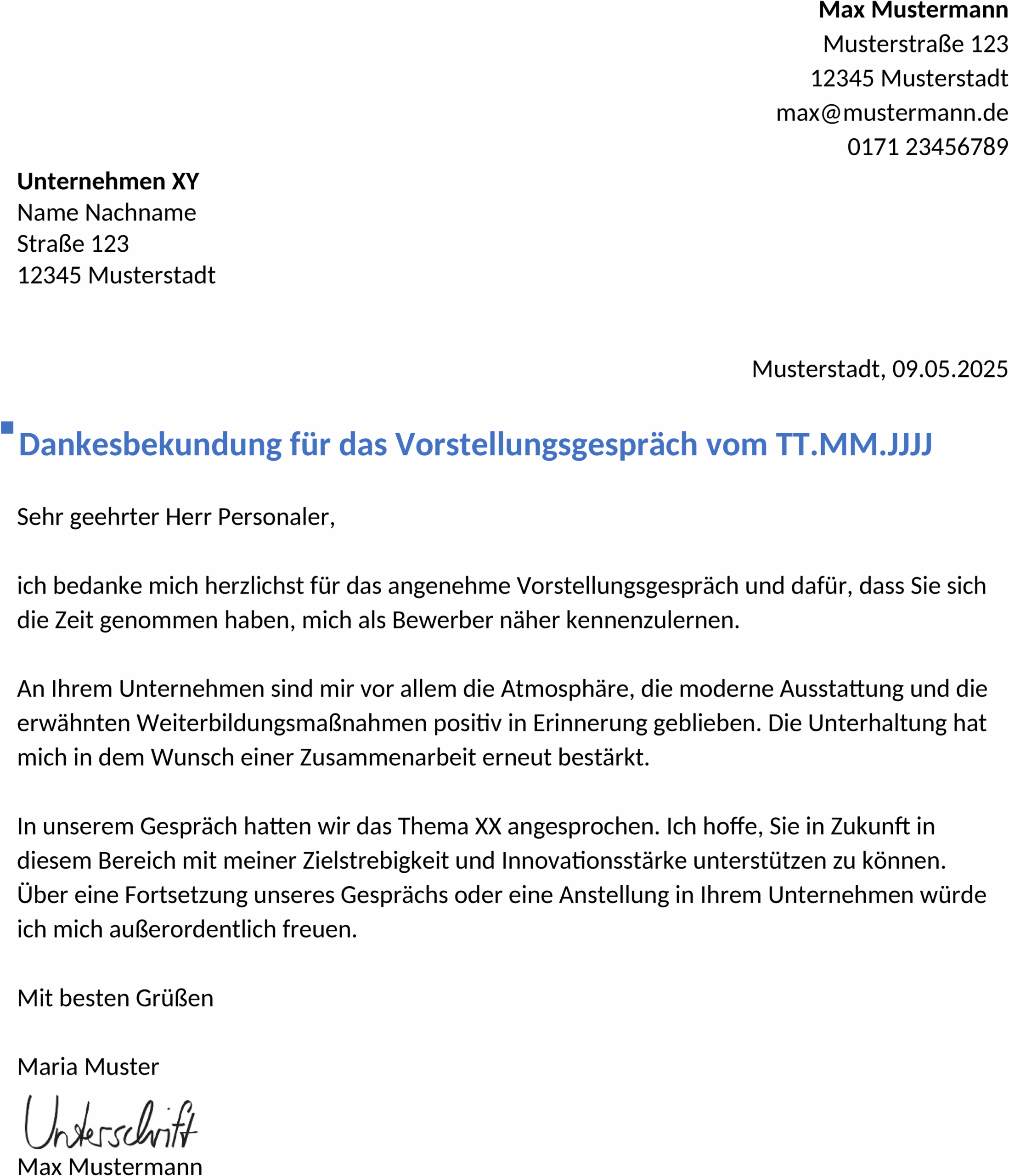 Word-Vorlage Dankschreiben nach Vorstellungsgespraech