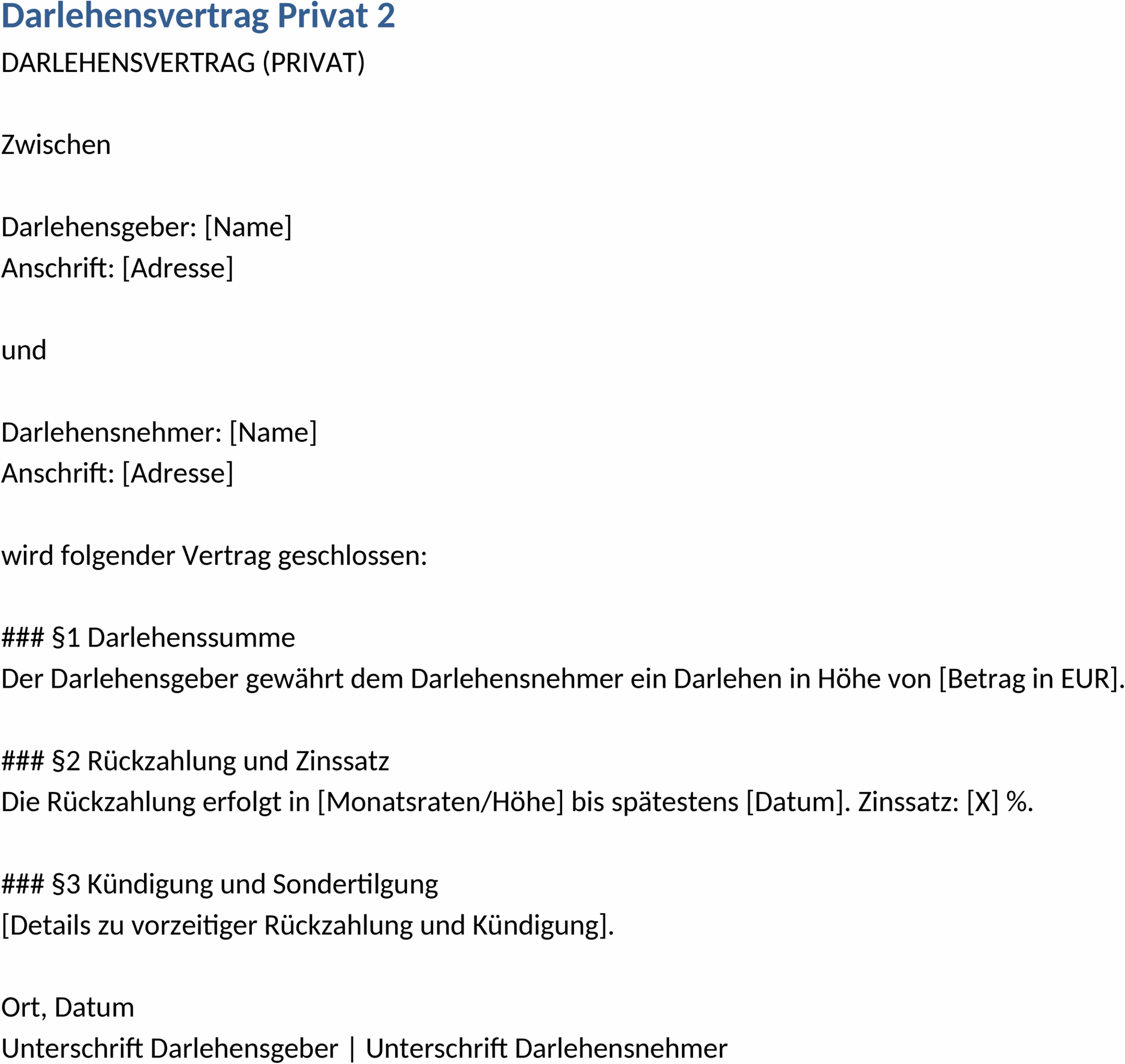 Word-Vorlage Darlehensvertrag Privat