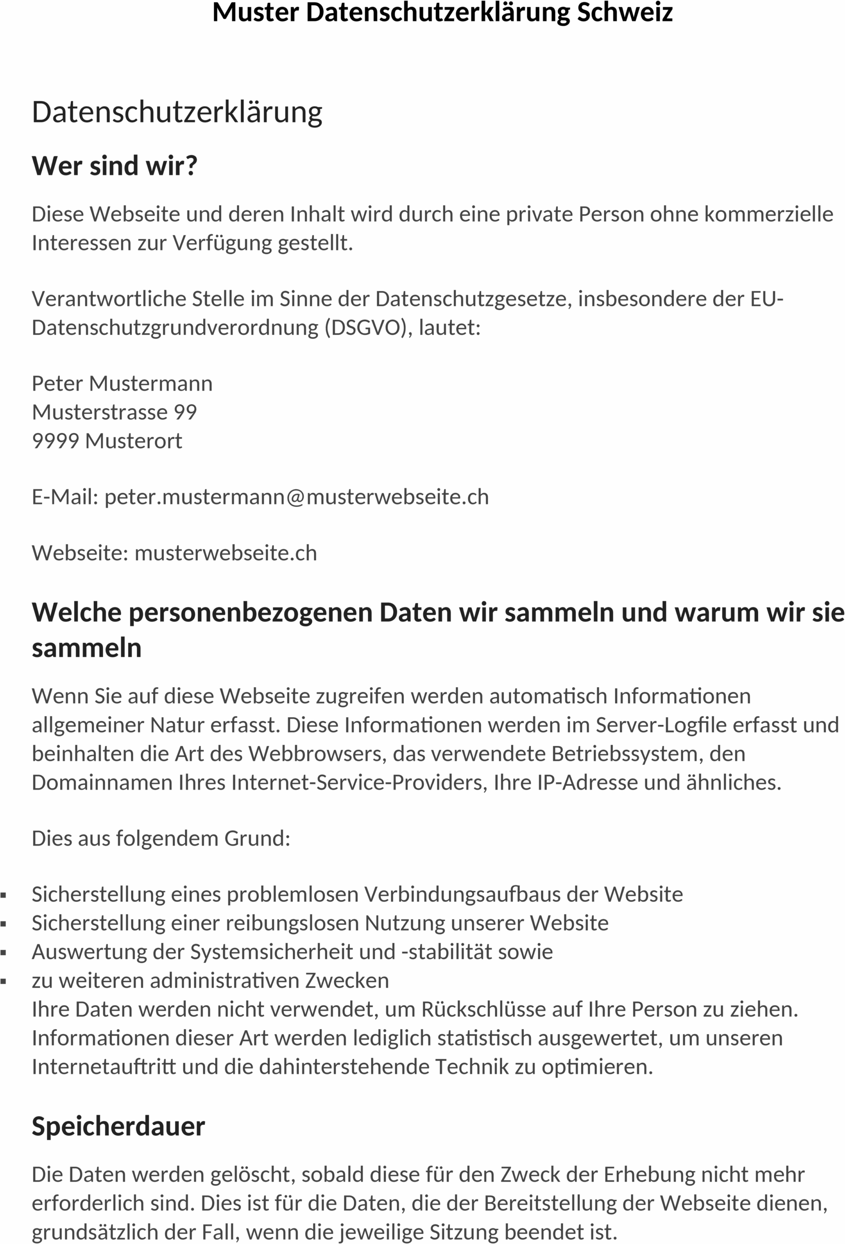 Word-Vorlage Datenschutzerklärung Schweiz