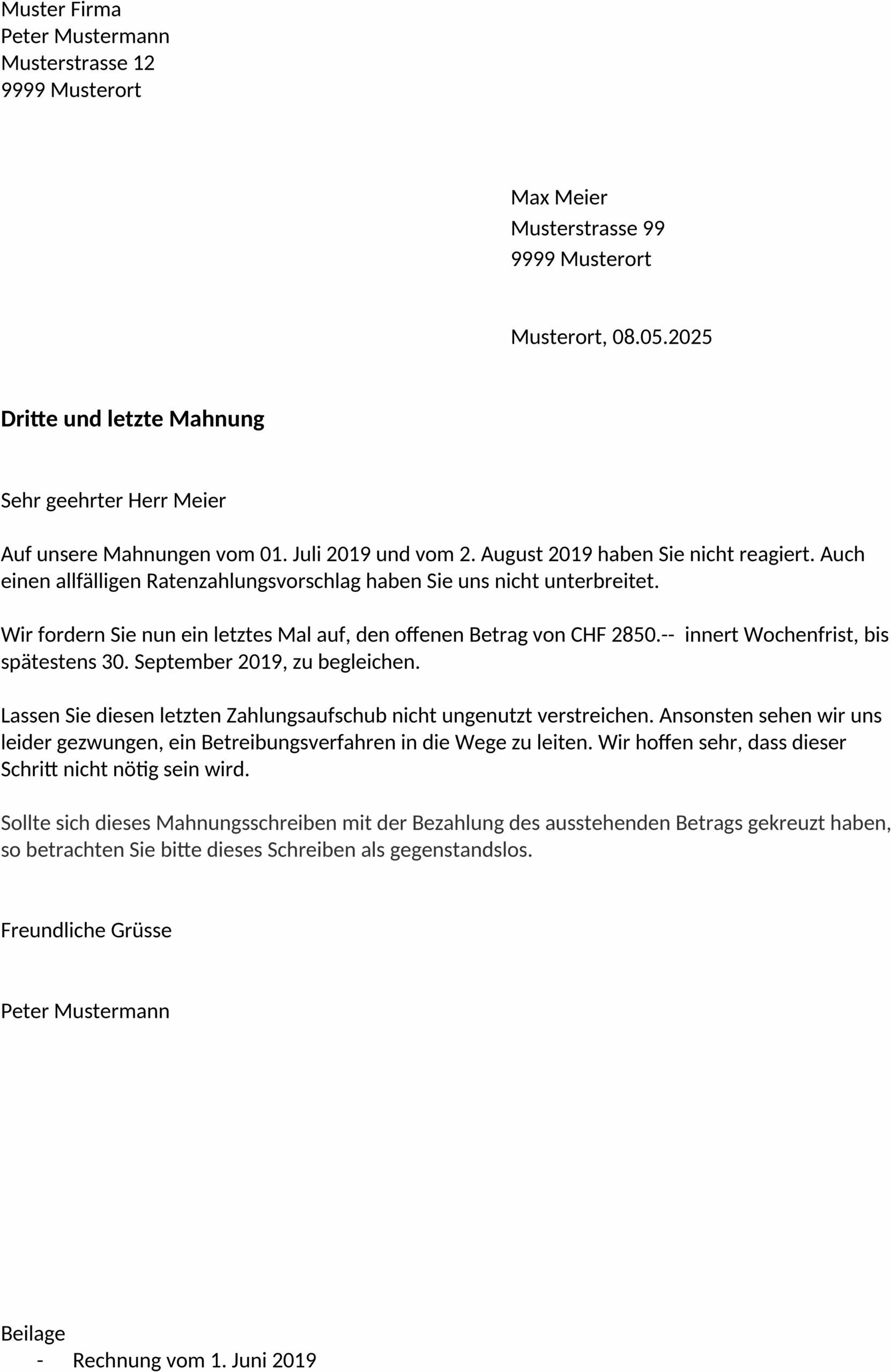 Word-Vorlage für Dritte Mahnung