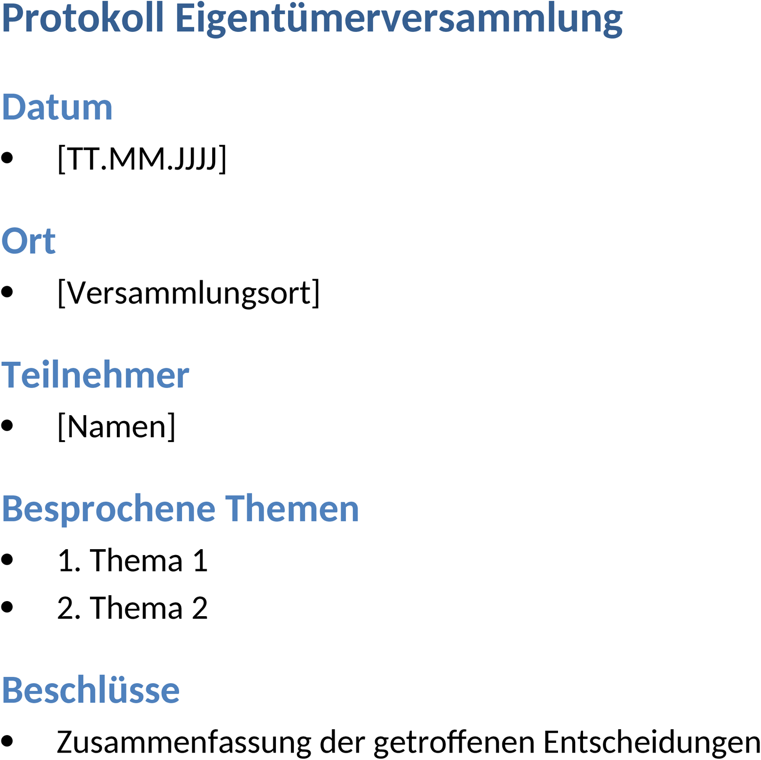 Word-Vorlage Eigentümerversammlung Protokoll