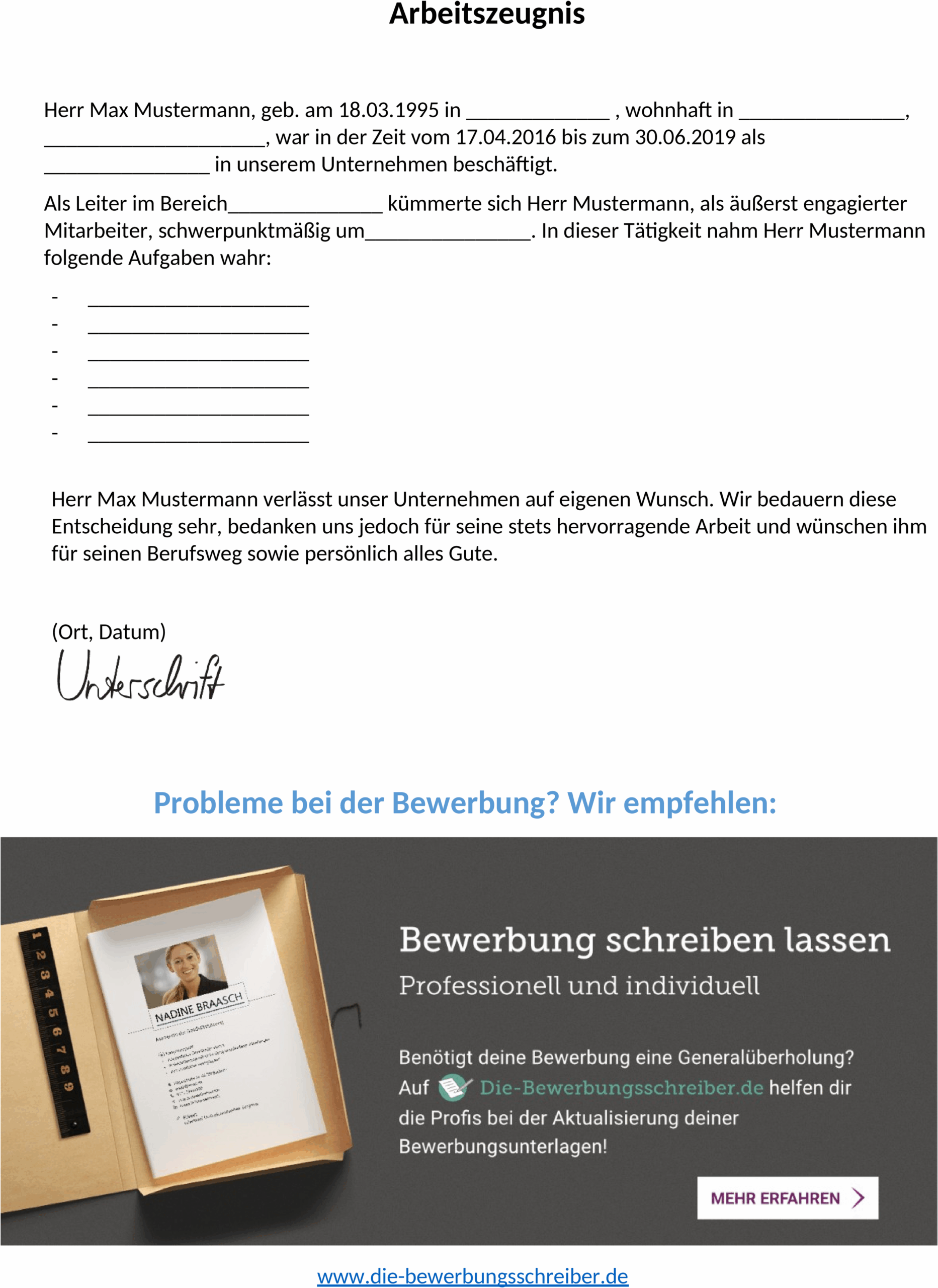 Word-Vorlage für ein einfaches Arbeitszeugnis