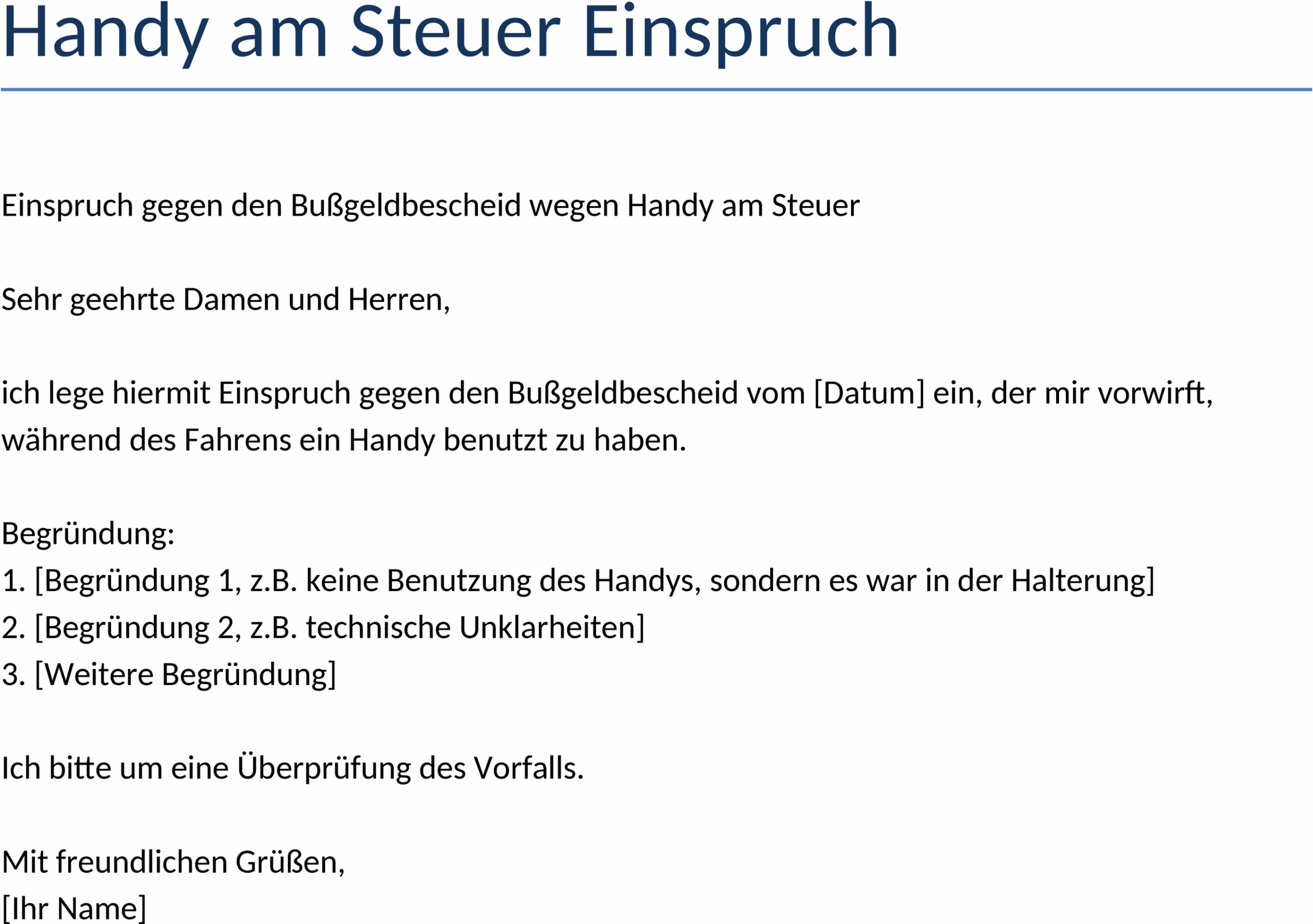 Word-Vorlage Einspruch Handynutzung am Steuer