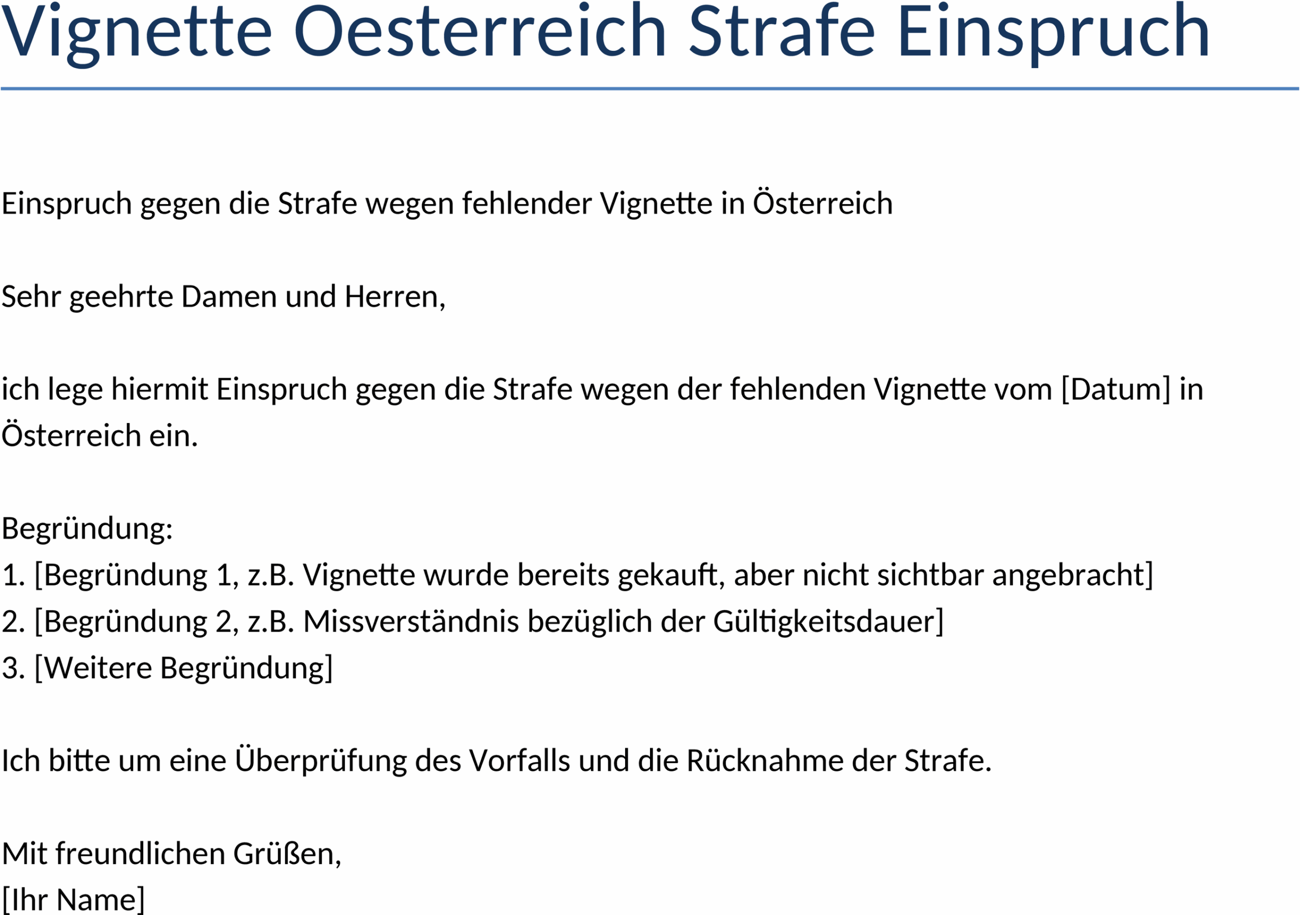 Word Vorlage Einspruch Vignette-Strafe Österreich