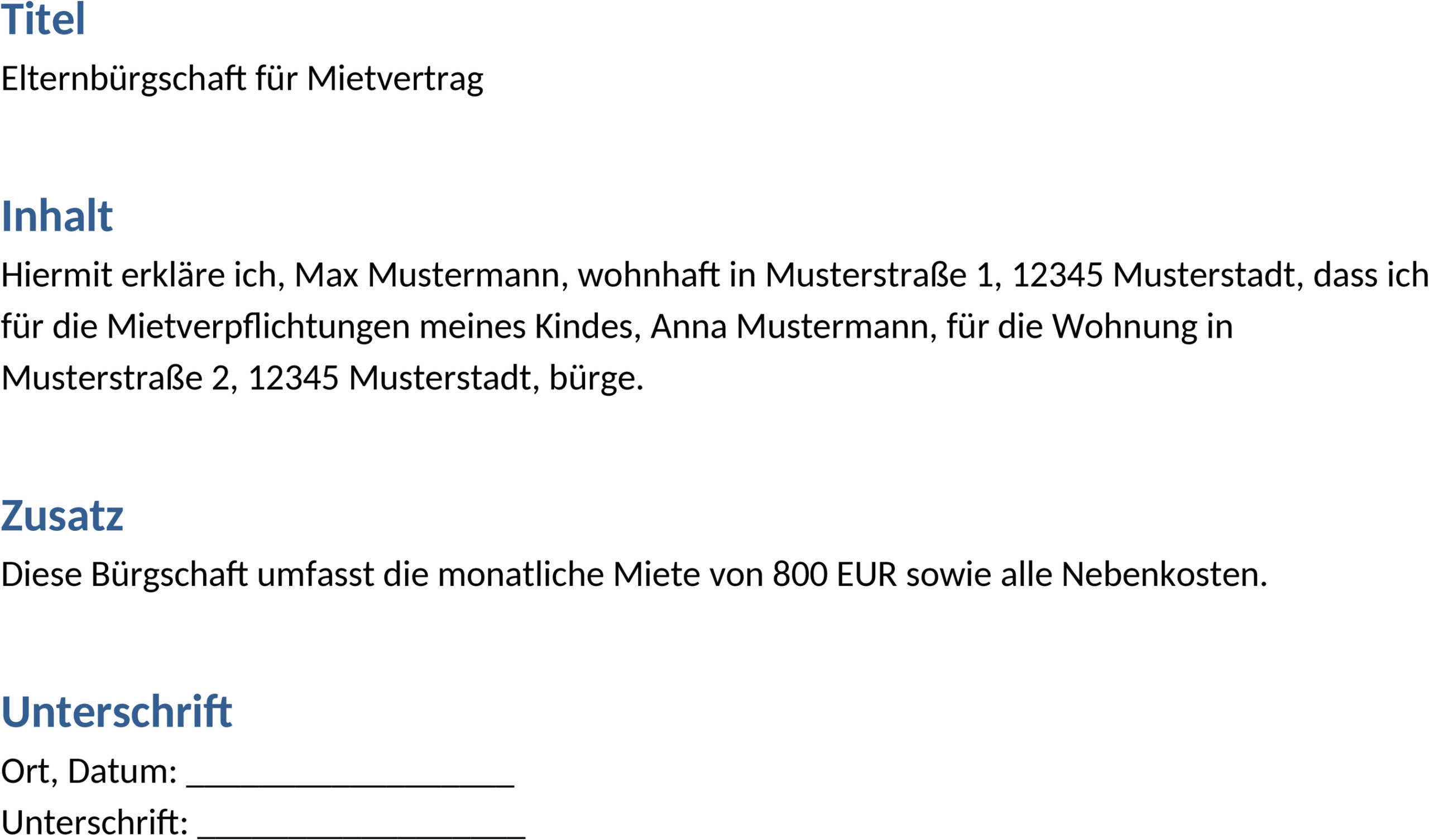 Word Vorlage Elternbürgschaft