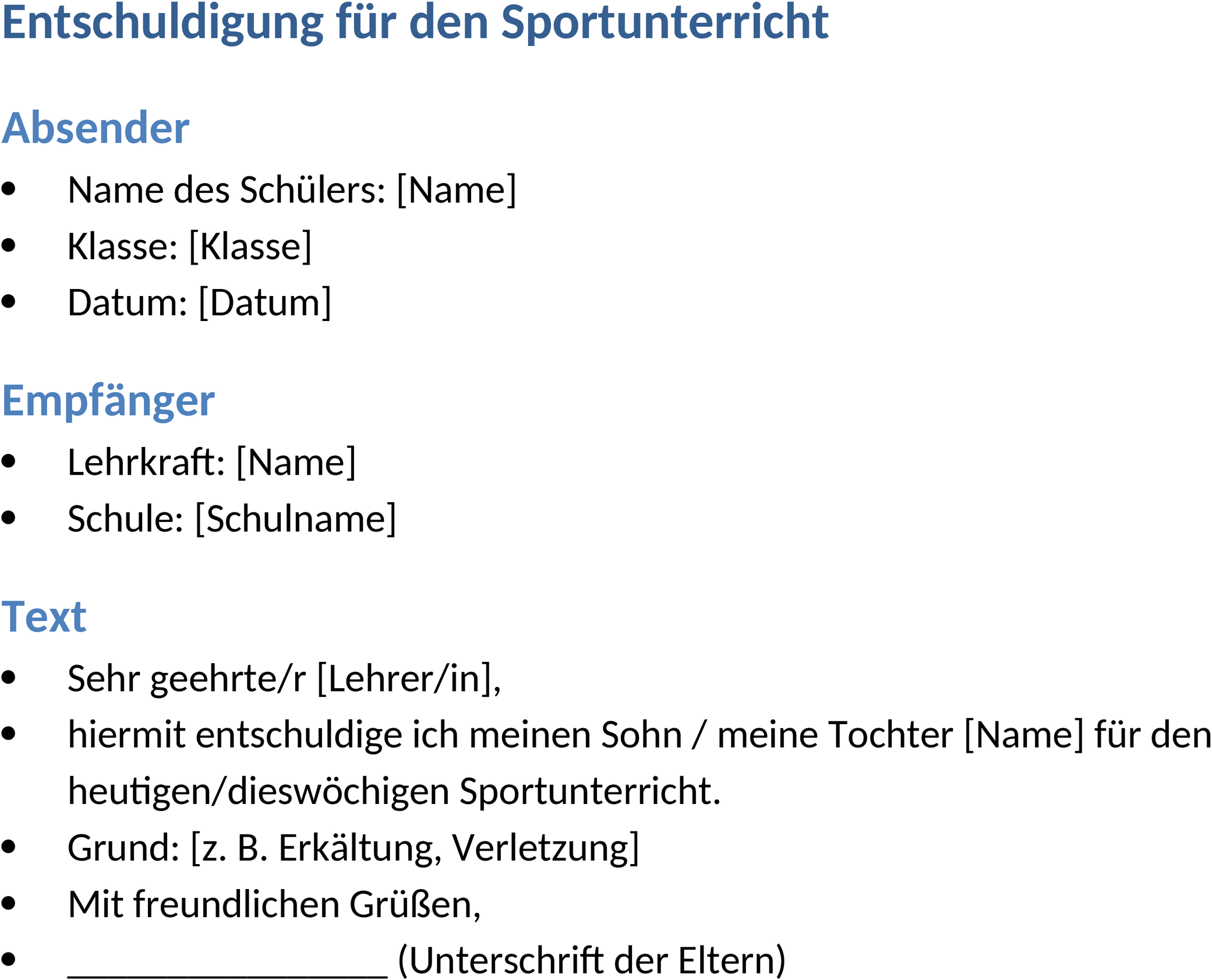 Word-Vorlage Entschuldigung Sportunterricht