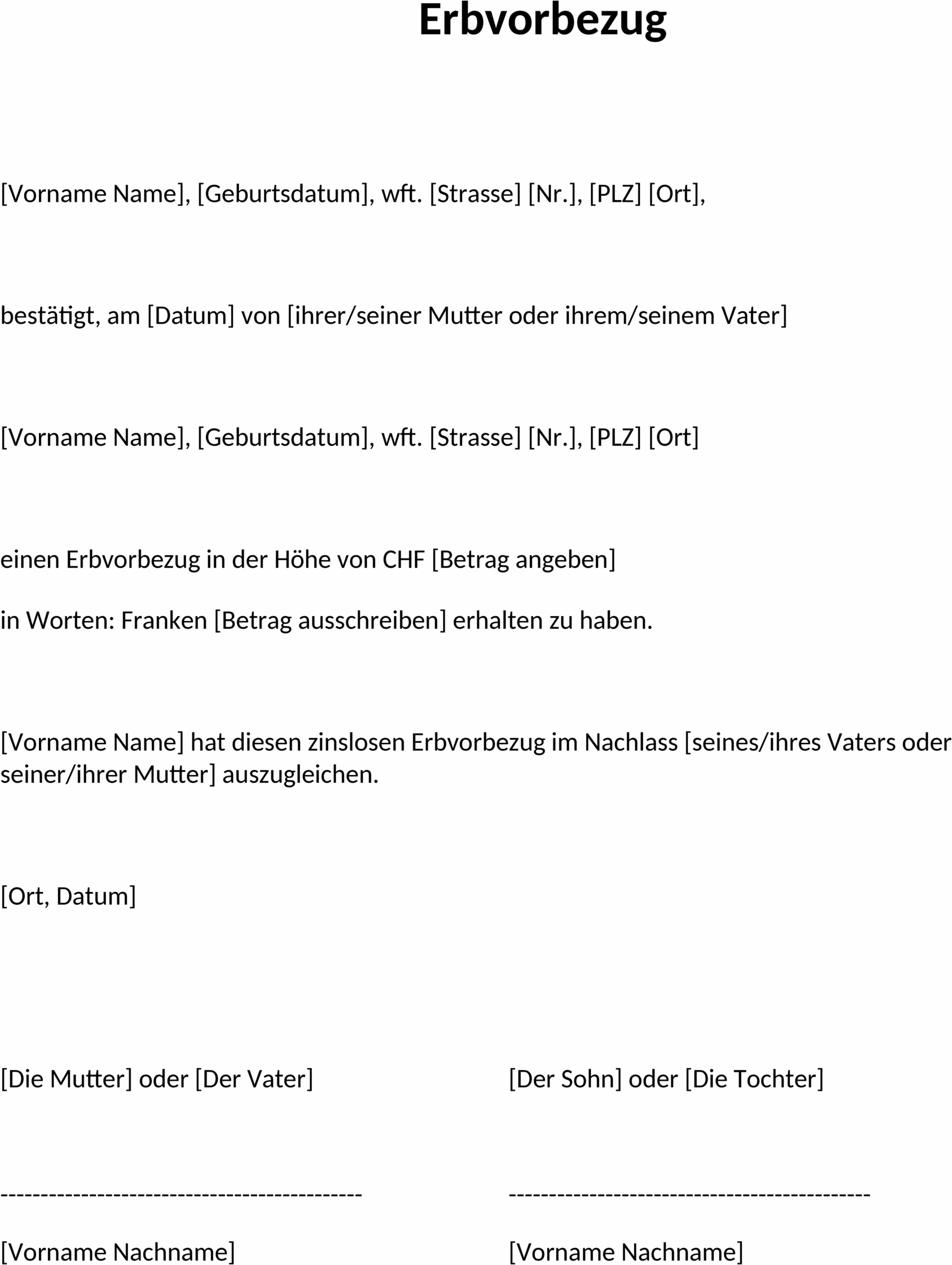 Word Vorlage für Erbvorbezug