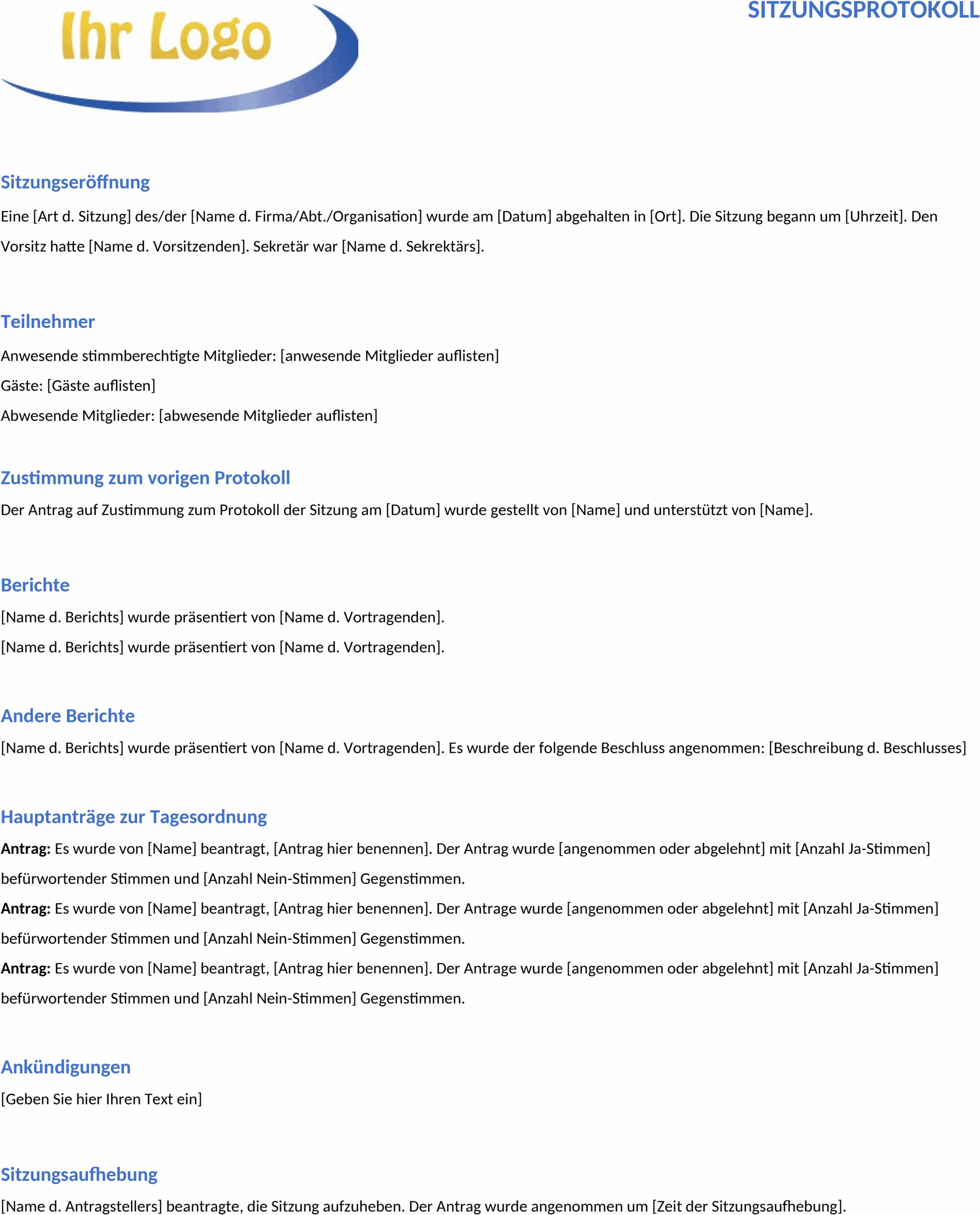 Word-Vorlage für Formelle Meeting-Protokolle