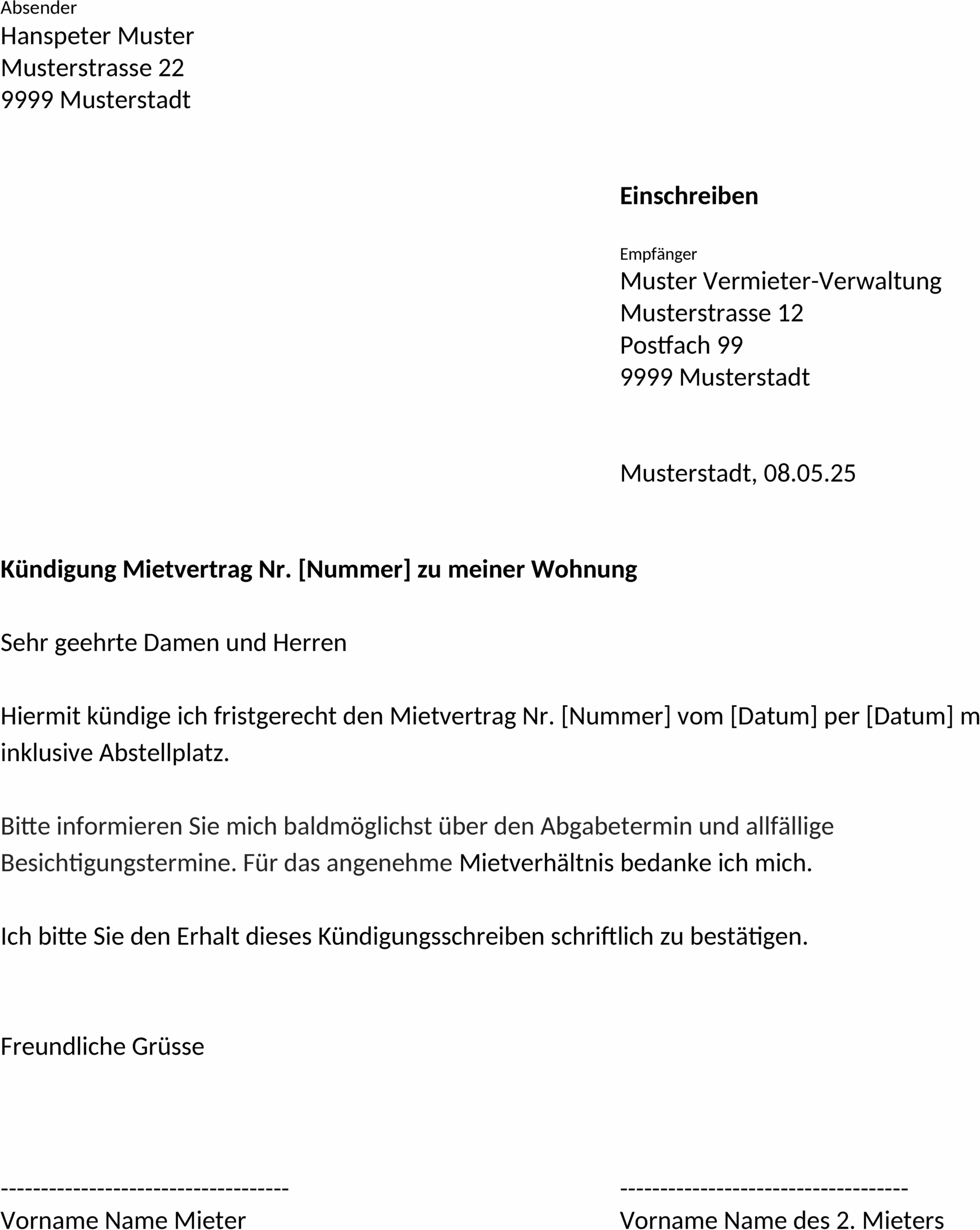 Word Vorlage Fristgerechte Kündigung Mietvertrag