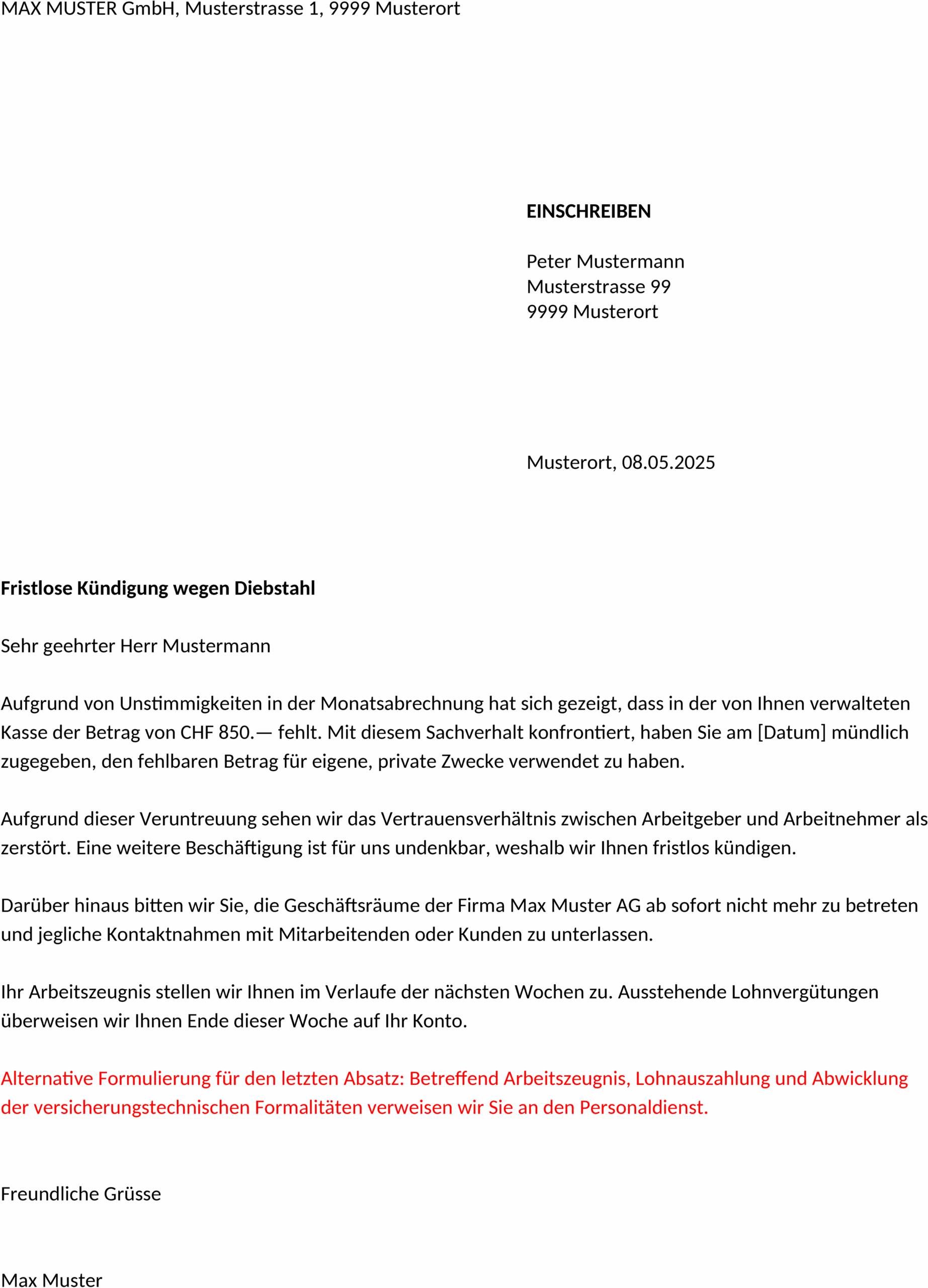 Word-Vorlage für fristlose Kündigung bei Diebstahl