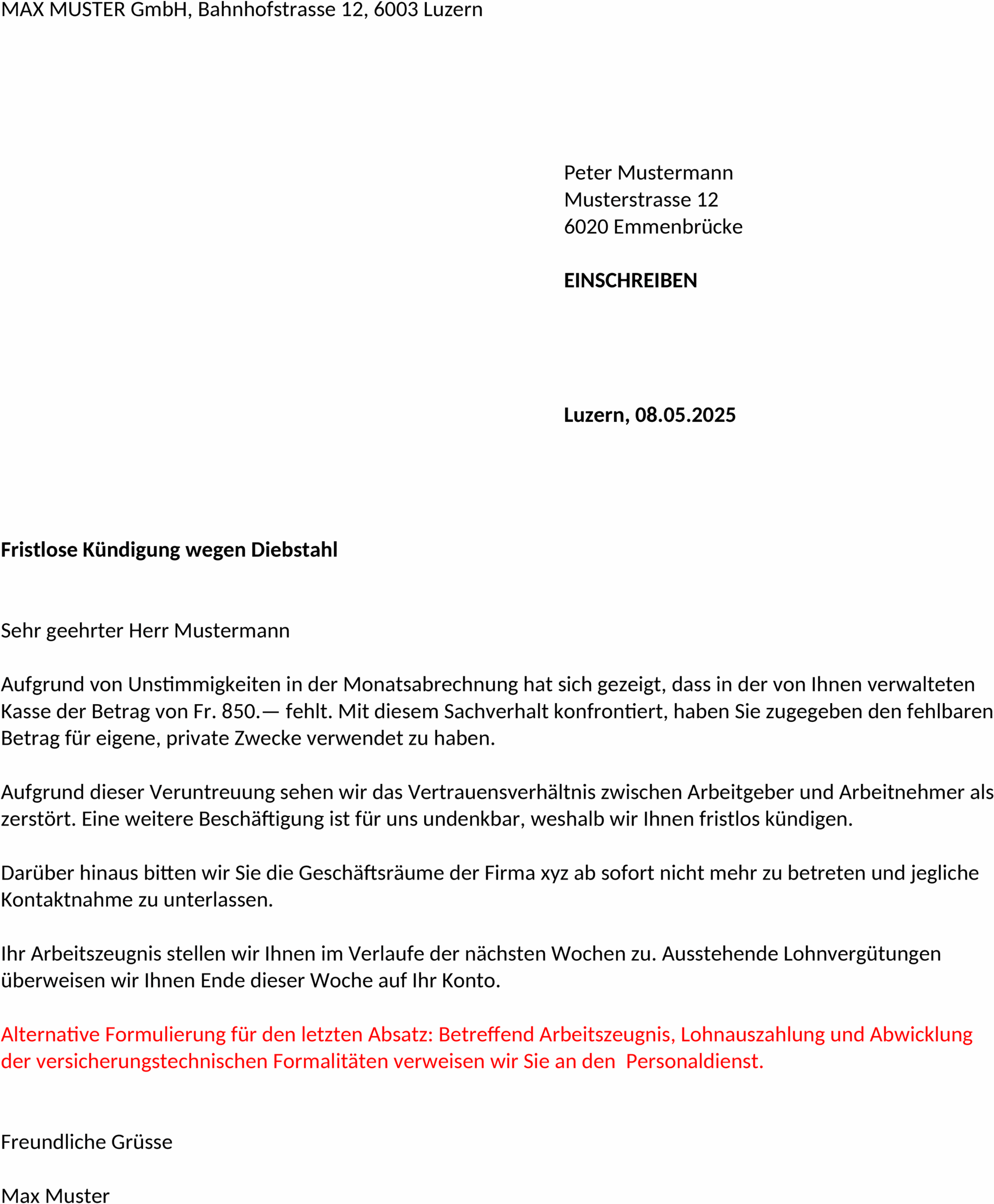 Word-Vorlage für fristlose Kündigung
