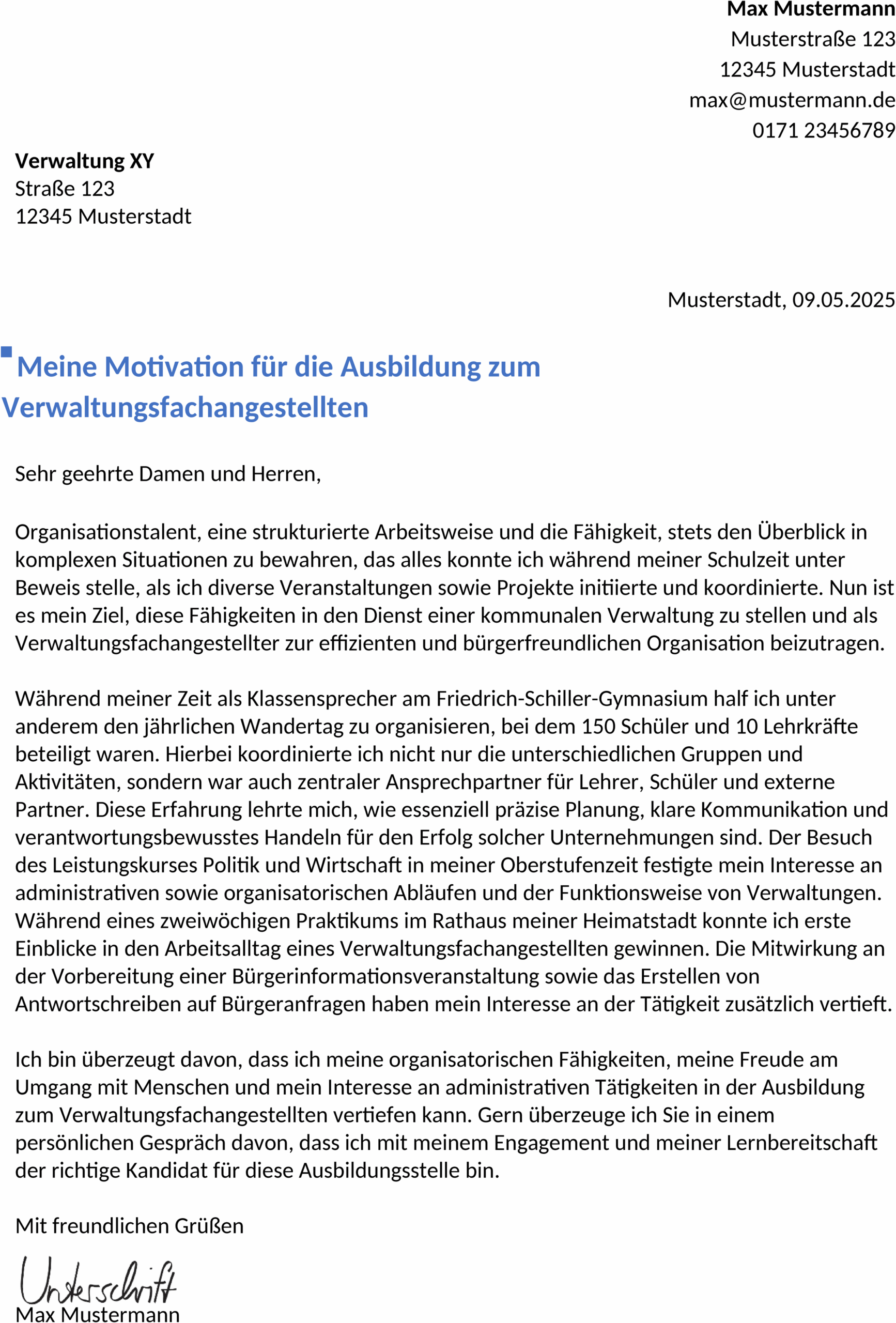 Word-Vorlage für Bewerbung als Sachbearbeiter oder Ausbildung