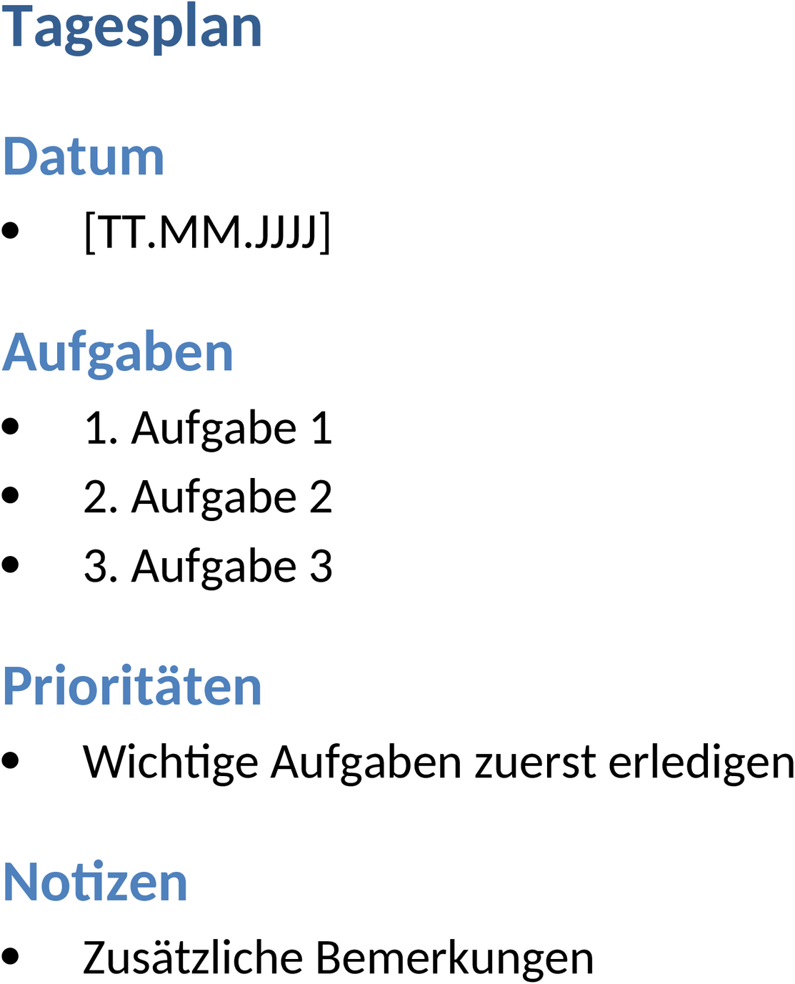 Word-Vorlage für Tagesplan