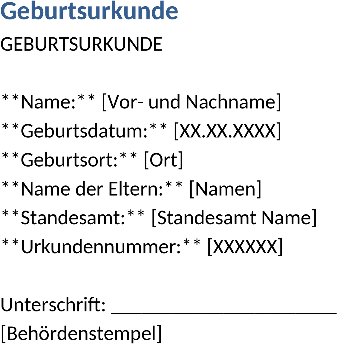 Word-Vorlage Geburtsurkunde