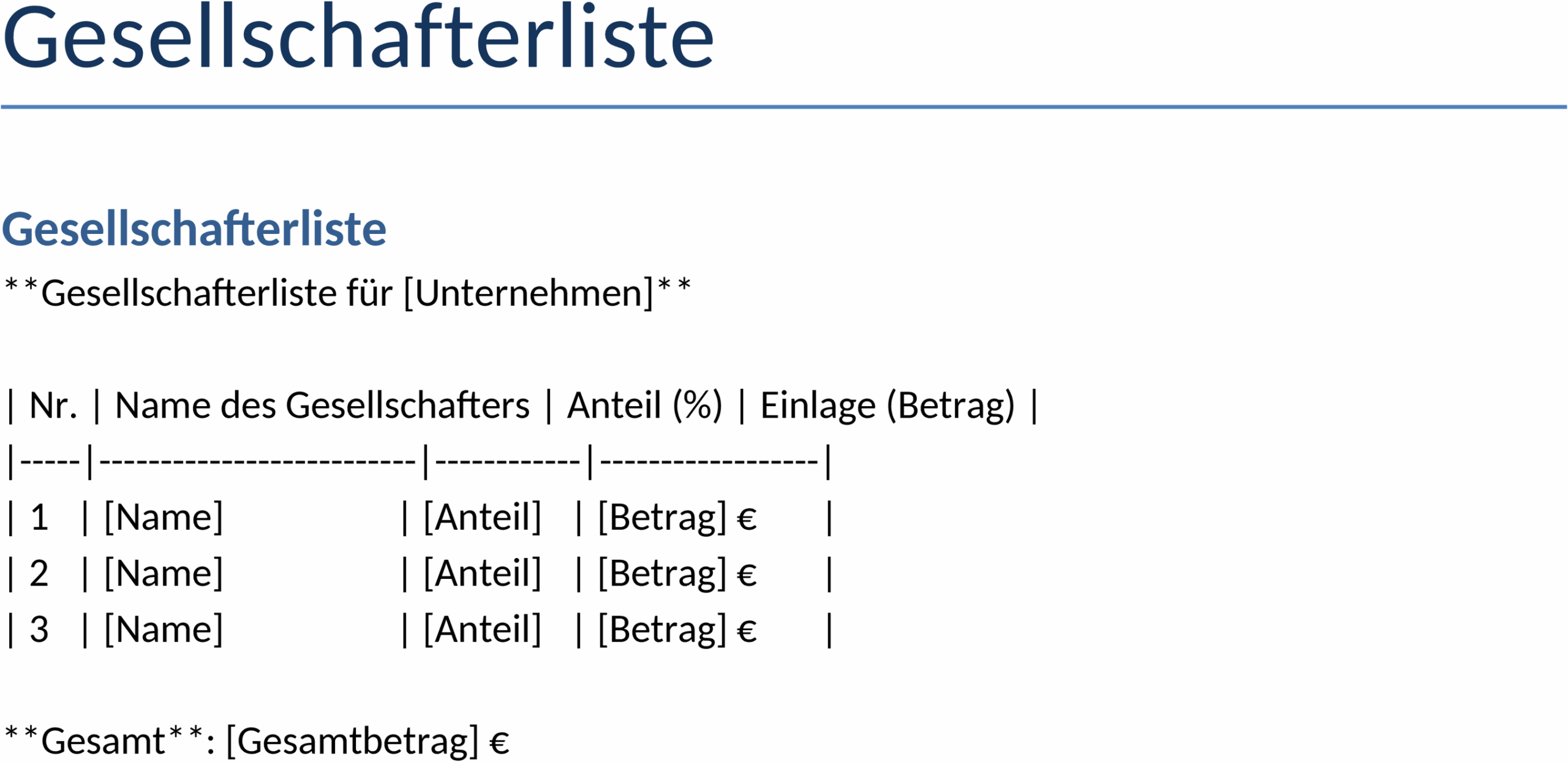 Word-Vorlage Gesellschafterliste