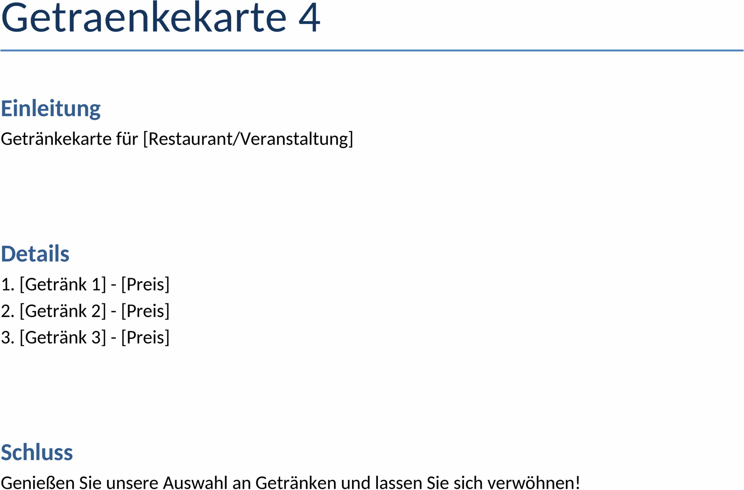 Word Vorlage für Getränkekarte