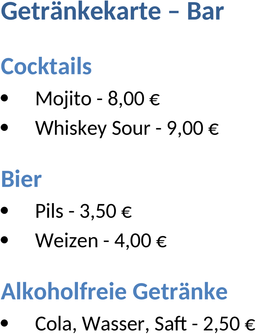 Word-Vorlage für Getränkekarte