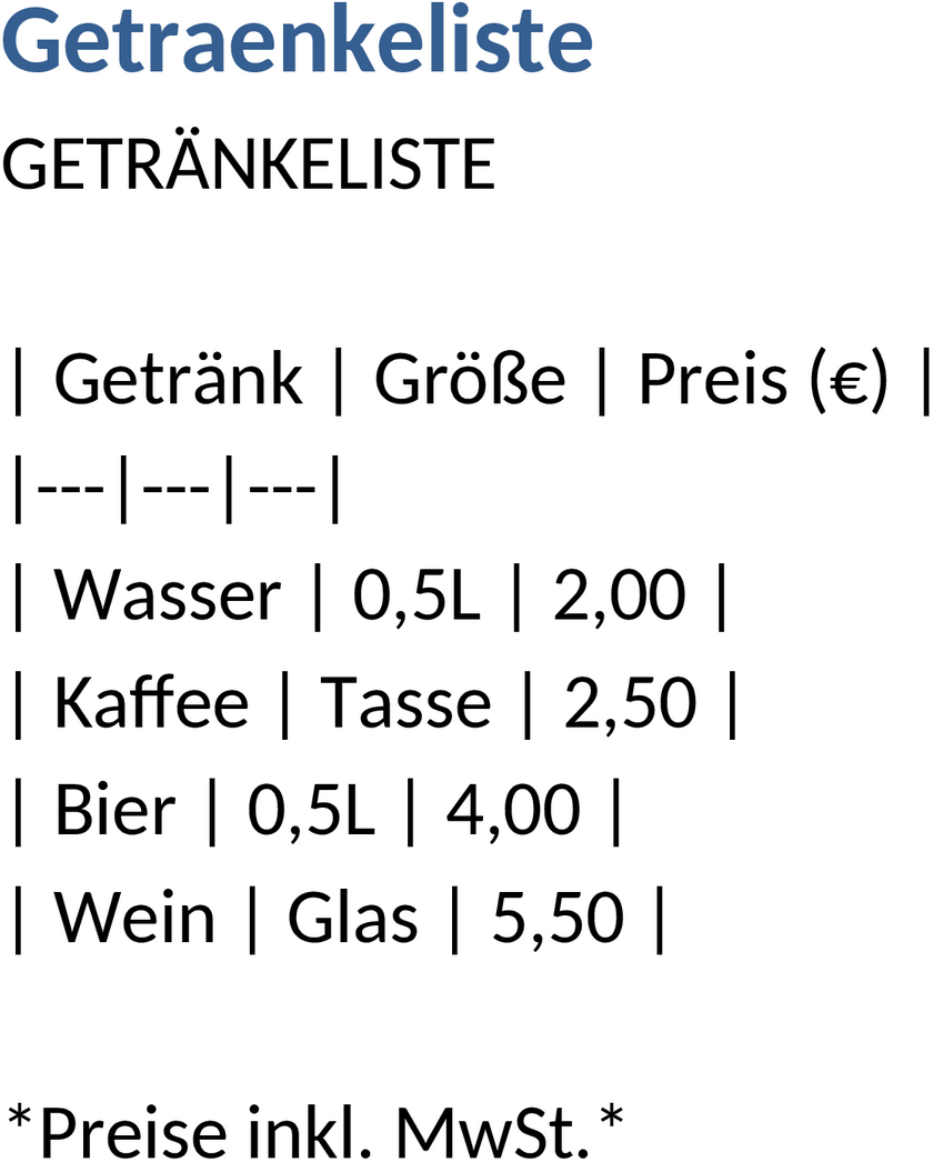 Word Vorlage Getränkeliste für Events und Feiern