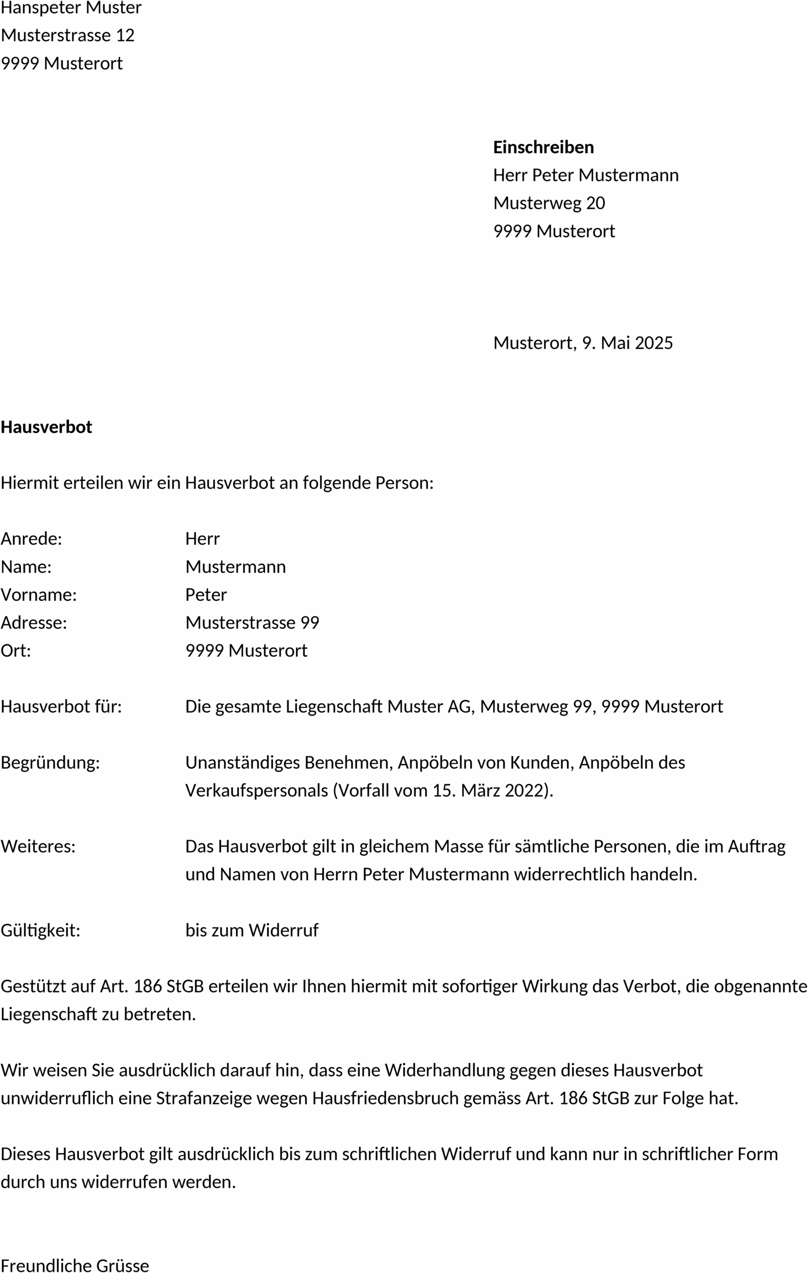 Word-Vorlage für Hausverbot