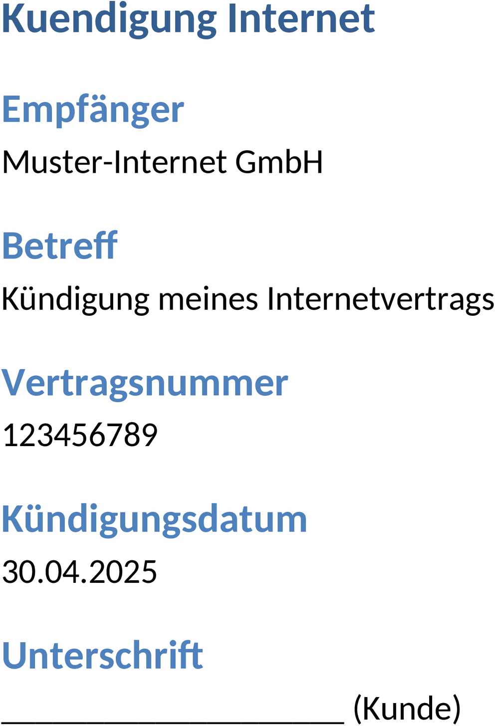 Word Vorlage Internet Kündigung