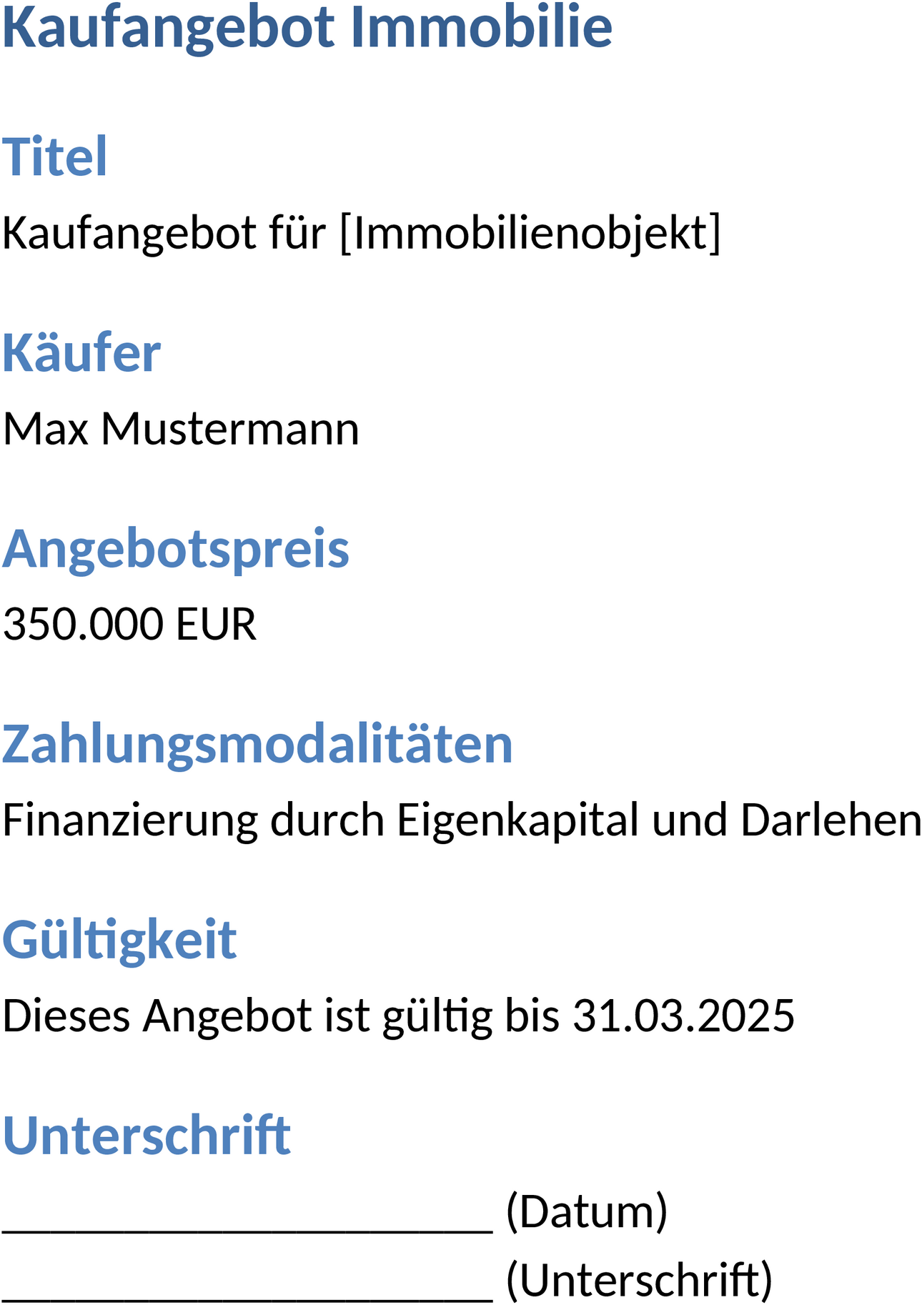 Word-Vorlage Kaufangebot Immobilien