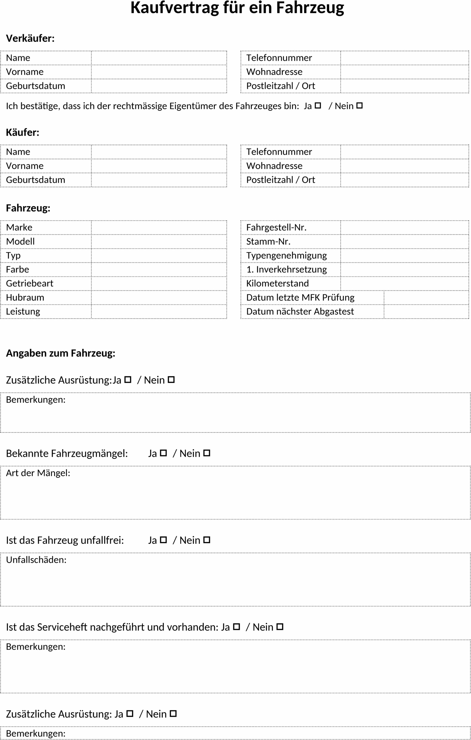 Word Vorlage Kaufvertrag Auto Schweiz