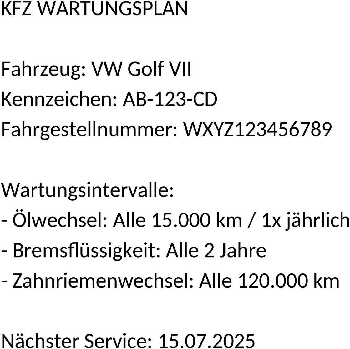 Word-Vorlage KFZ-Wartungsplan