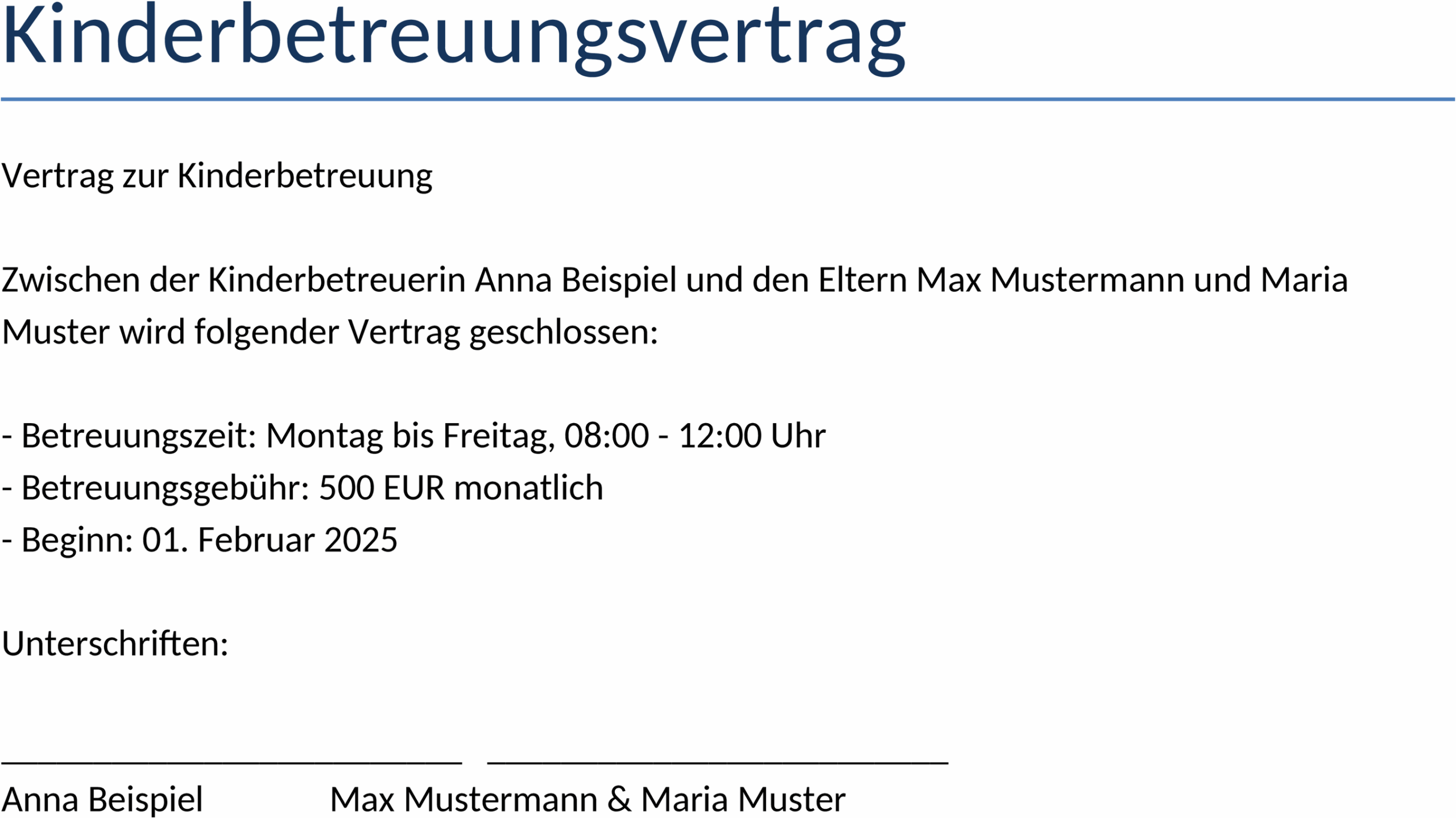Word-Vorlage Kinderbetreuungsvertrag