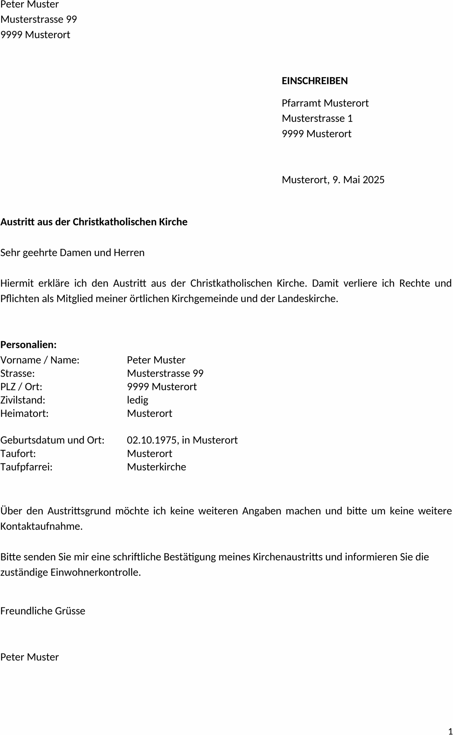 Word Vorlage Kirchenaustritt Christkatholisch