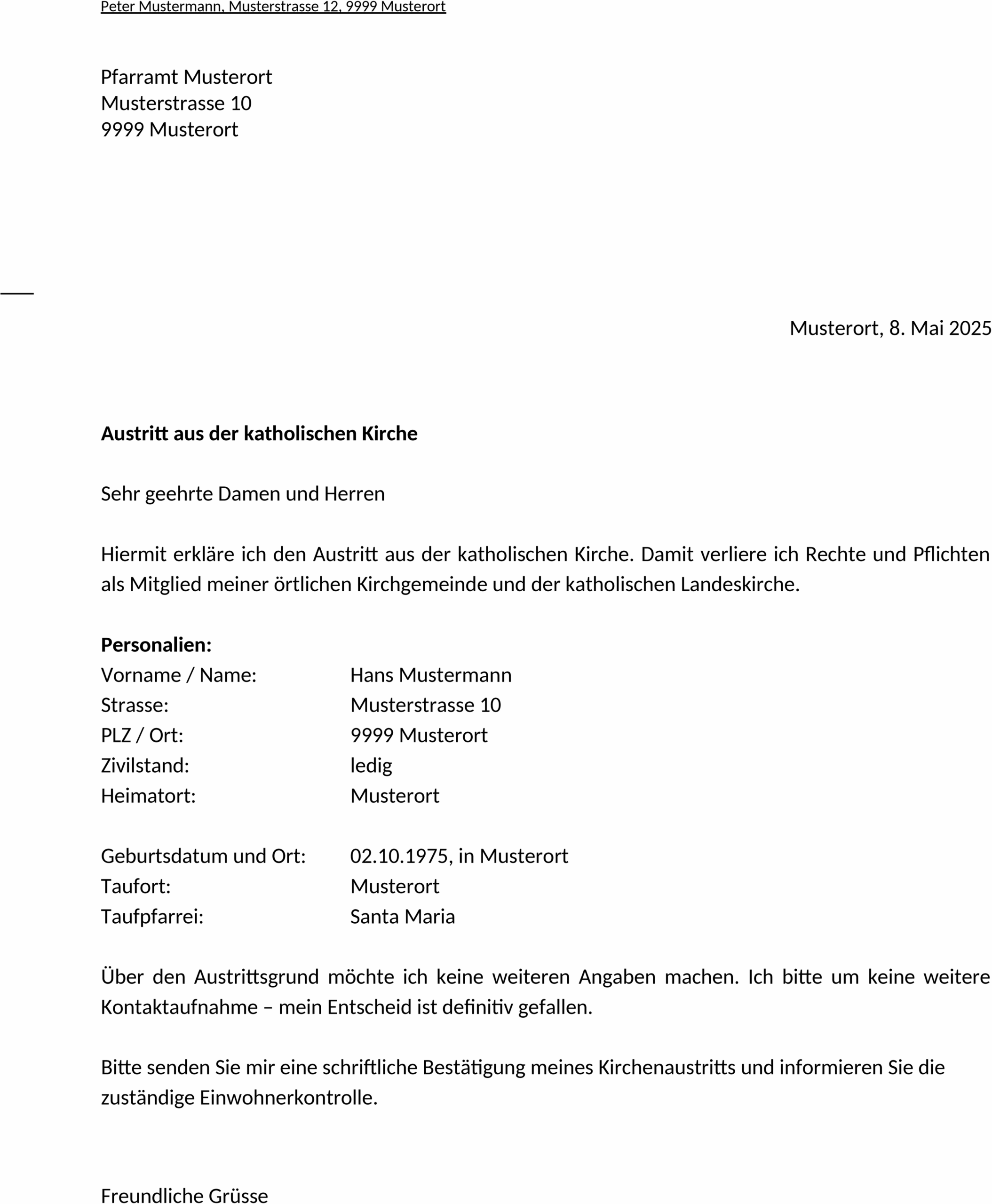 Word Vorlage Kirchenaustritt Römisch-Katholisch