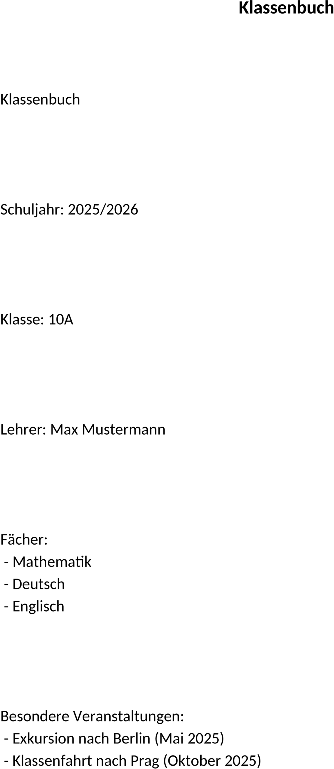 Word-Vorlage Klassenbuch für Schule